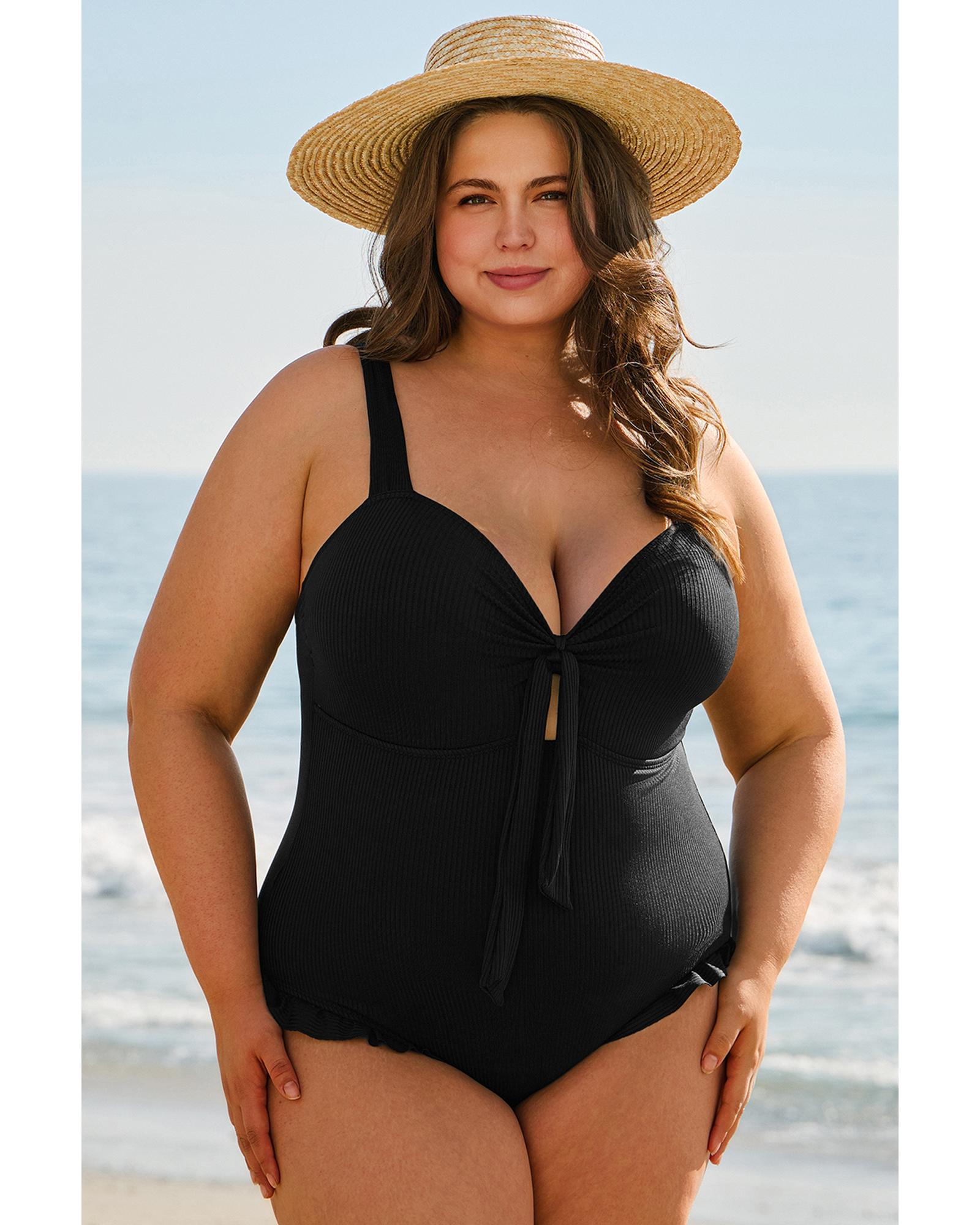 Black Plus Size Textured Knotted Ruffled Trim One Piece Swimwear - 2X