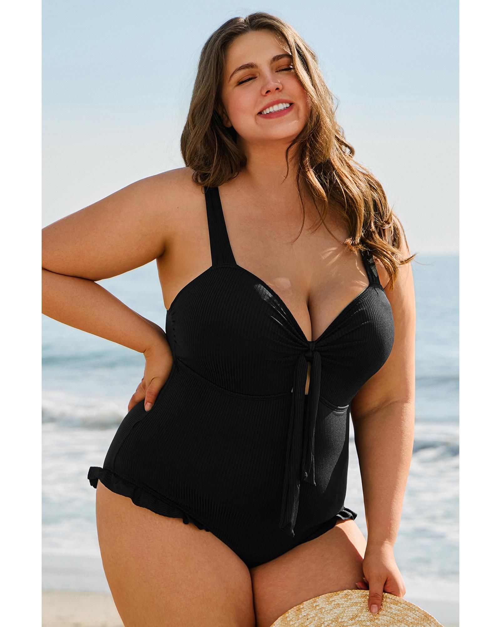 Black Plus Size Textured Knotted Ruffled Trim One Piece Swimwear - 3X
