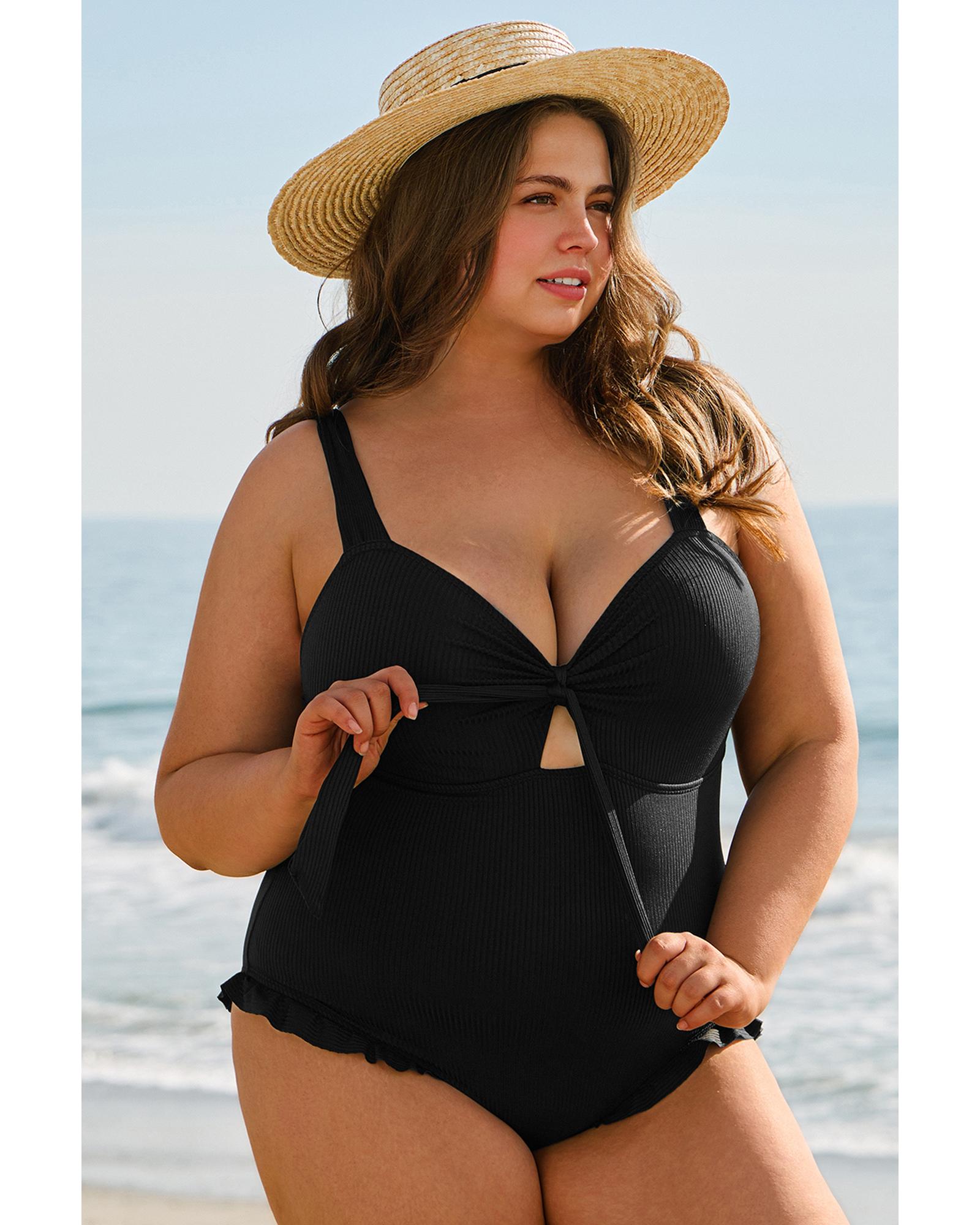 Black Plus Size Textured Knotted Ruffled Trim One Piece Swimwear - 3X