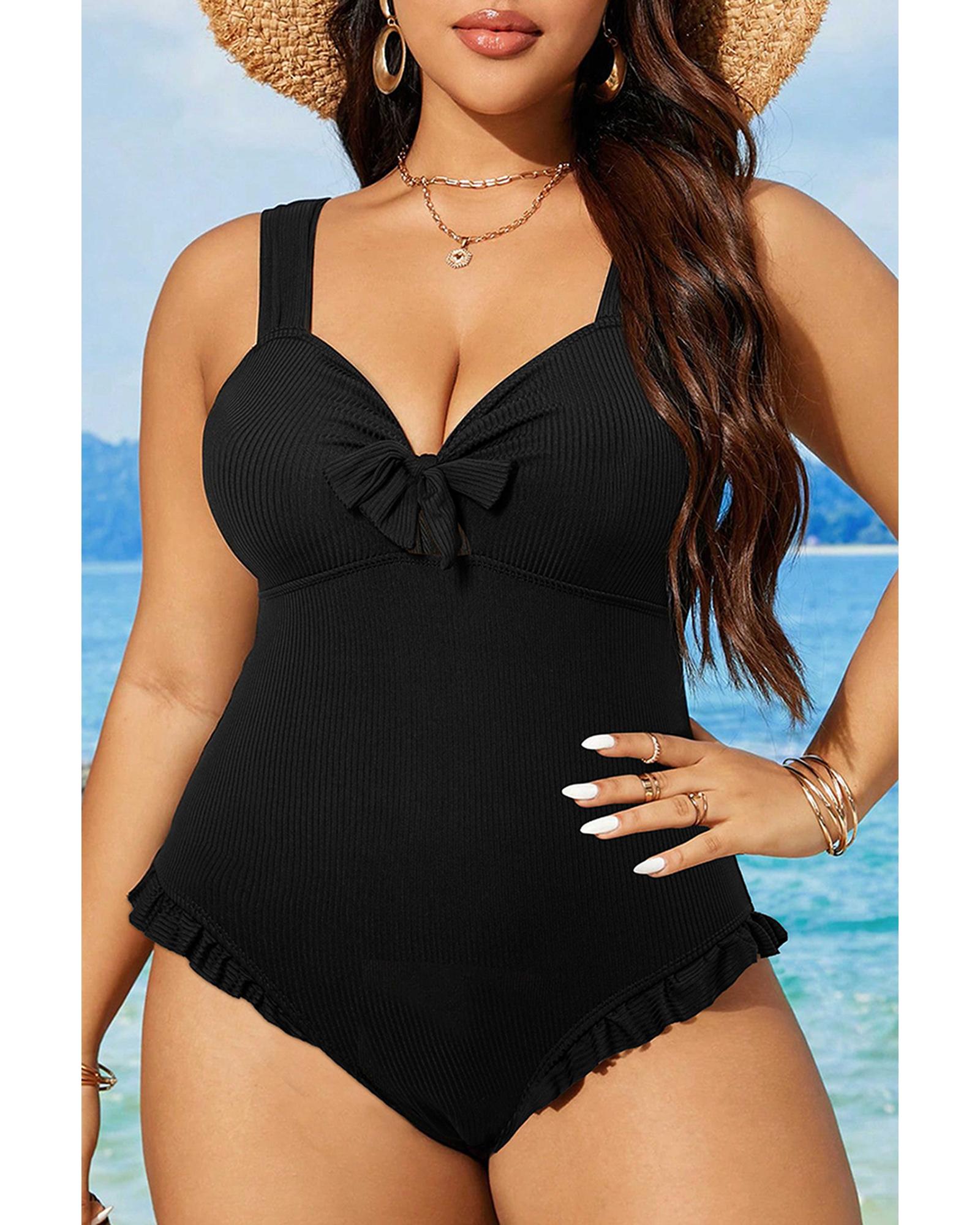 Black Plus Size Textured Knotted Ruffled Trim One Piece Swimwear - 3X