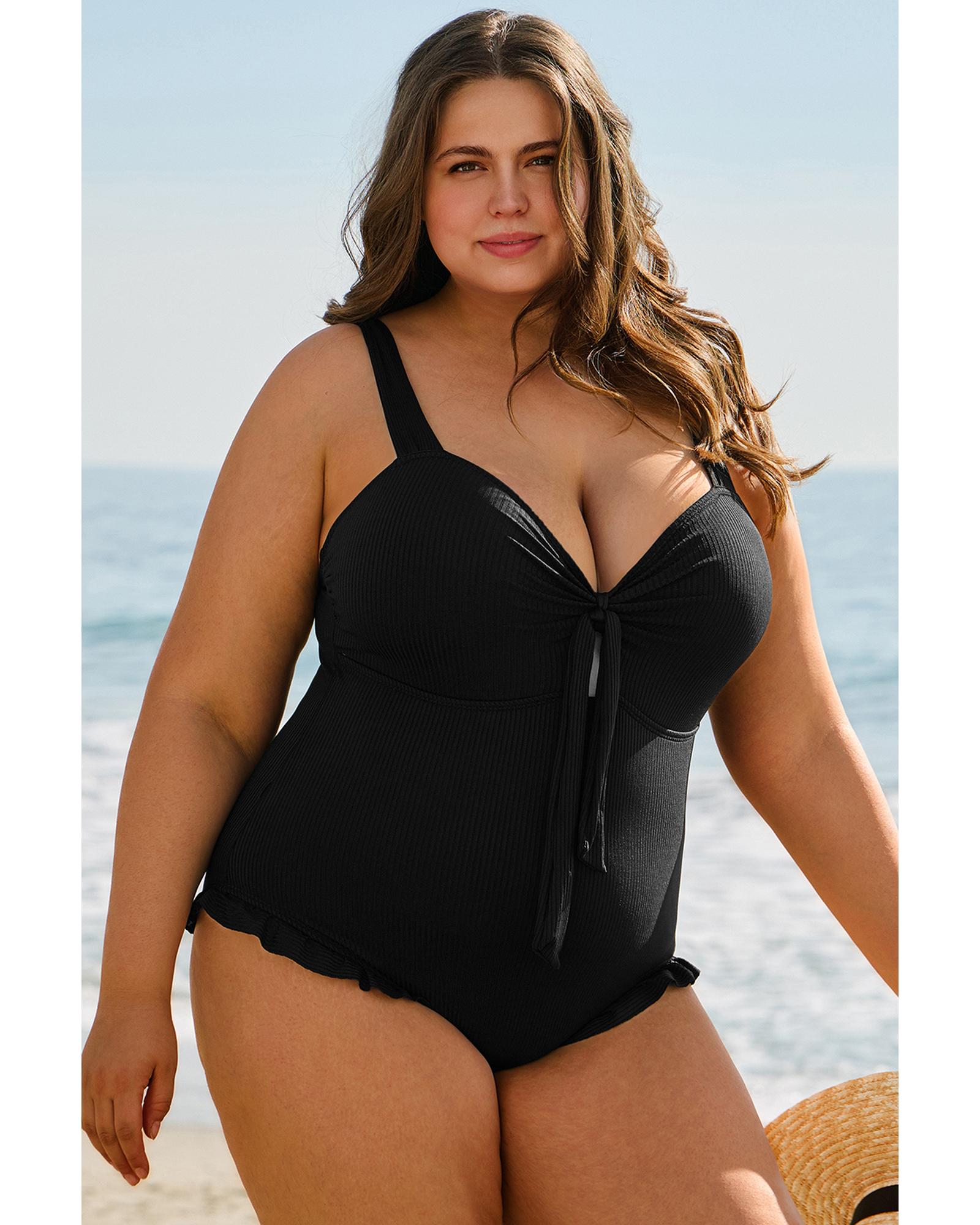Black Plus Size Textured Knotted Ruffled Trim One Piece Swimwear - 4X