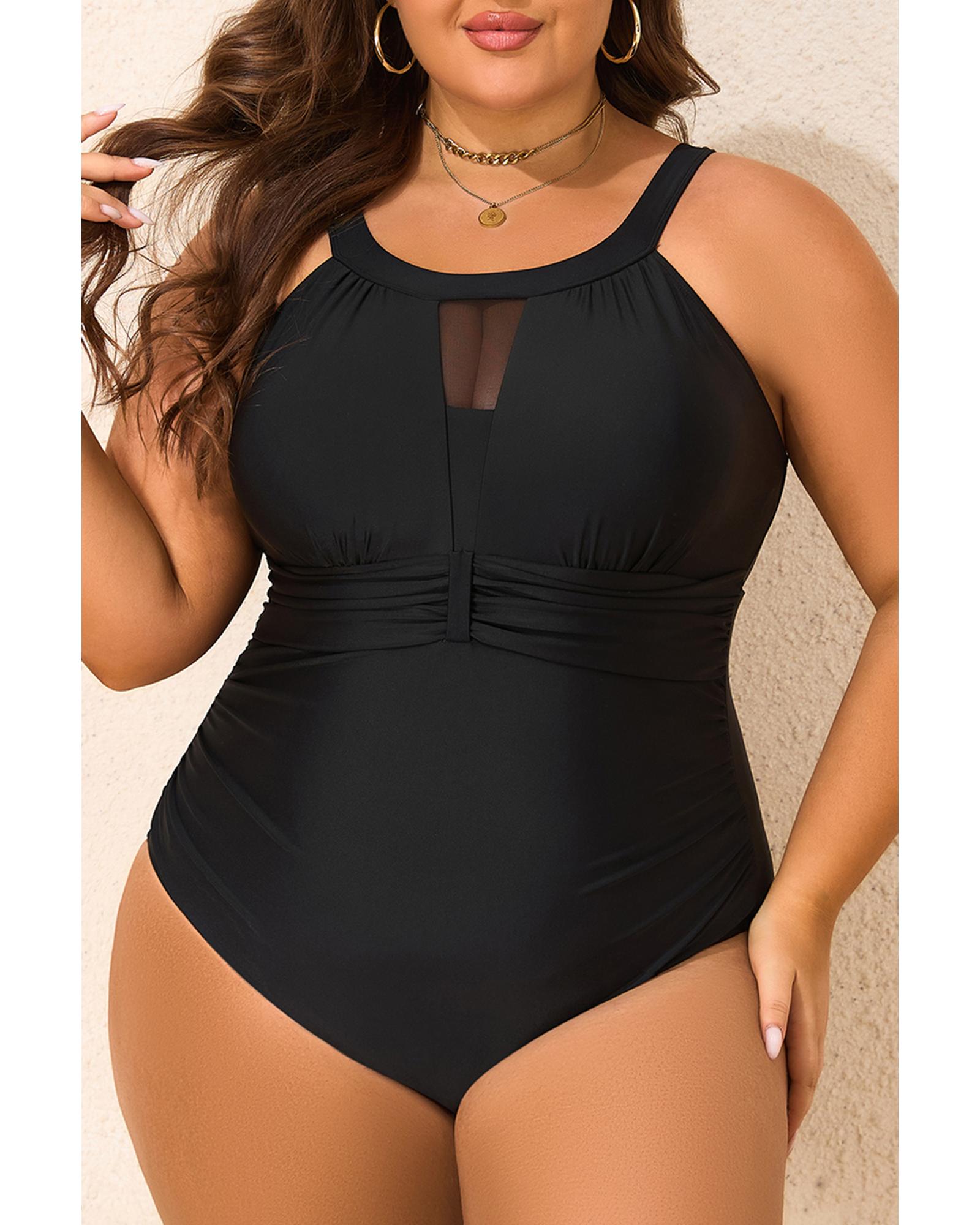 Black Halter Mesh Insert Knotted Back One Piece Plus Size Swimsuit - 2X