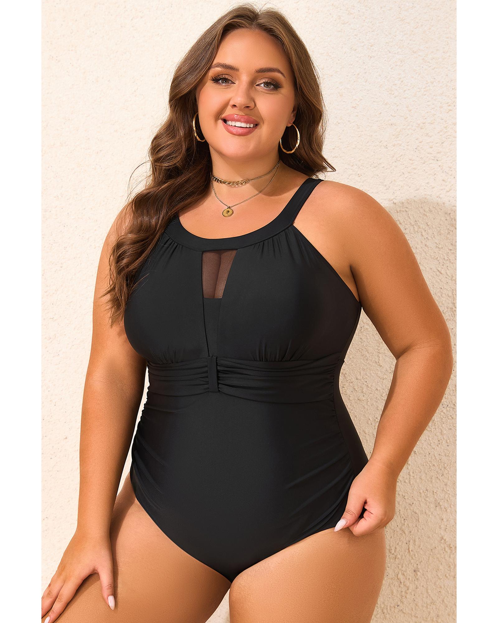 Black Halter Mesh Insert Knotted Back One Piece Plus Size Swimsuit - 3X