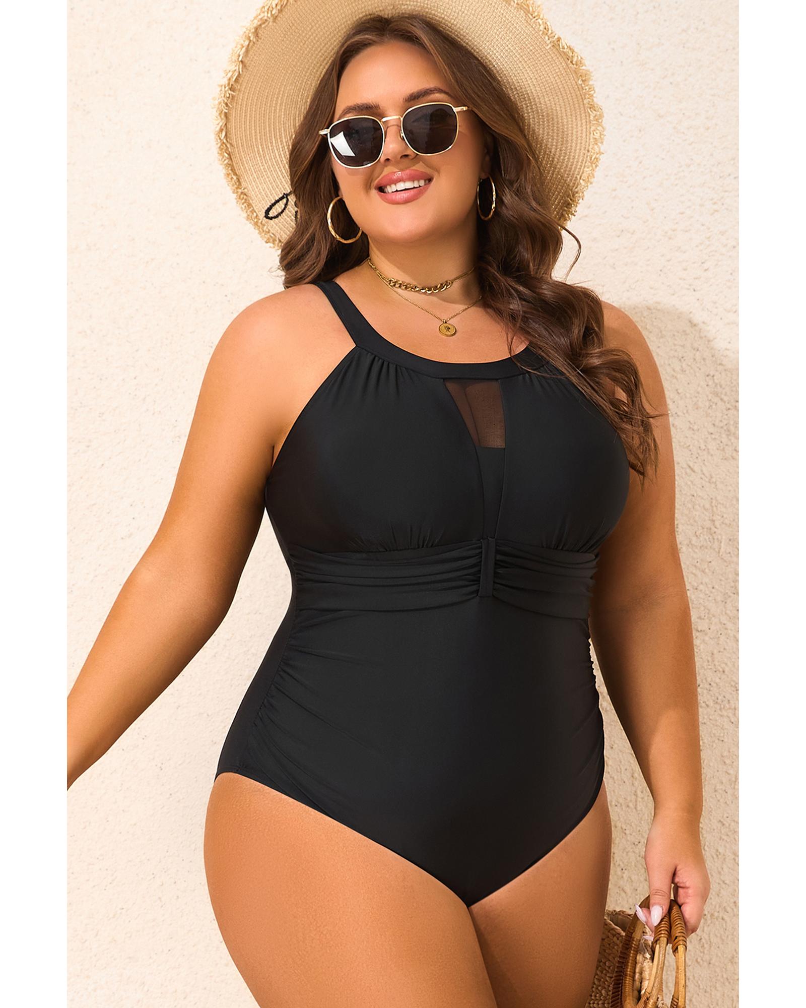 Black Halter Mesh Insert Knotted Back One Piece Plus Size Swimsuit - 4X