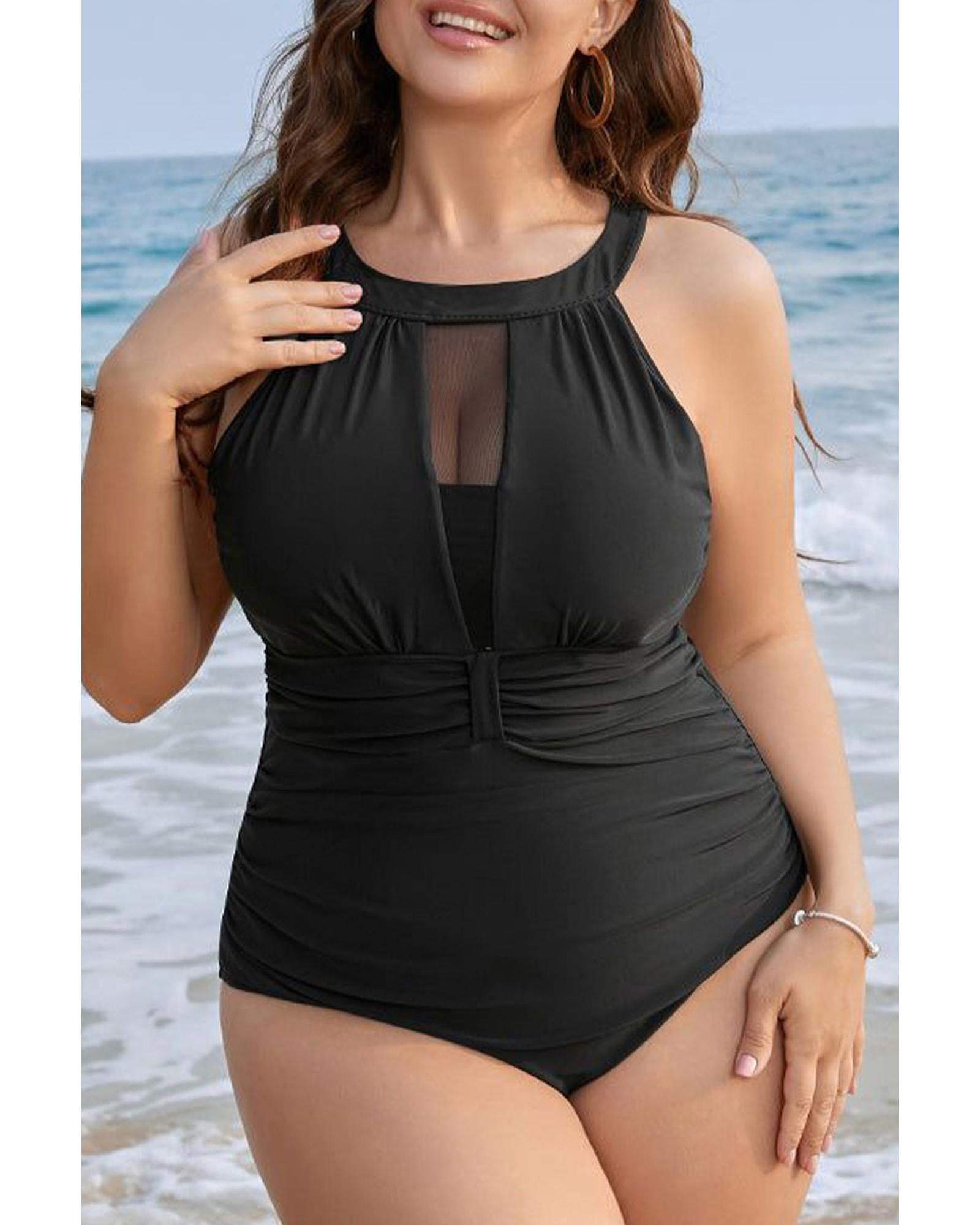 Black Halter Mesh Insert Knotted Back One Piece Plus Size Swimsuit - 4X