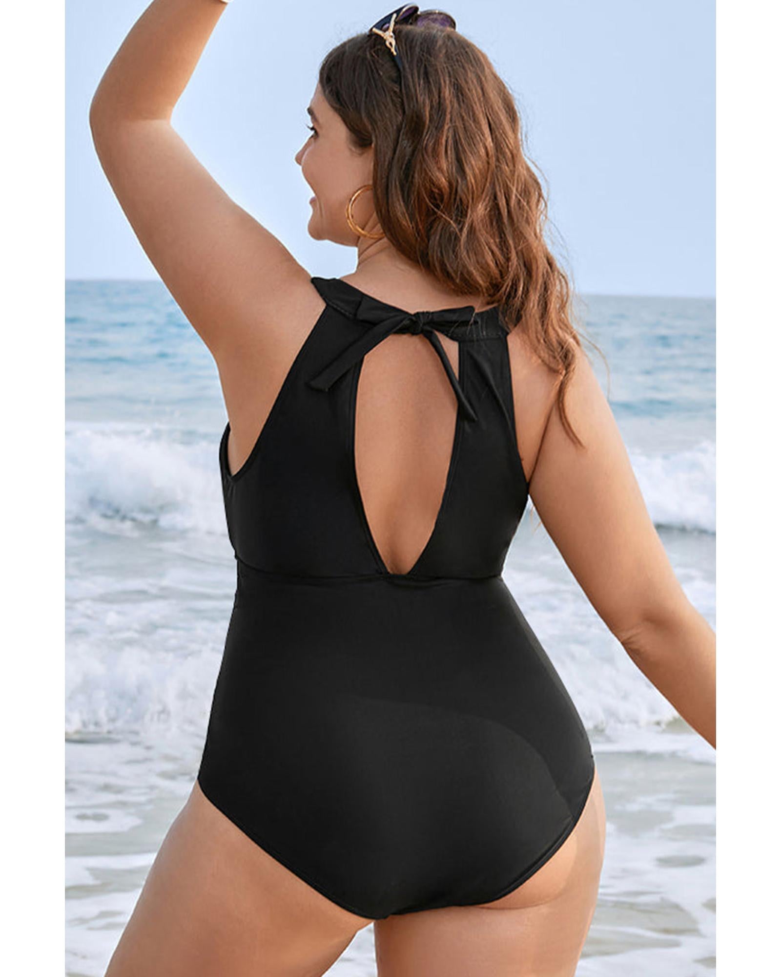 Black Halter Mesh Insert Knotted Back One Piece Plus Size Swimsuit - 4X
