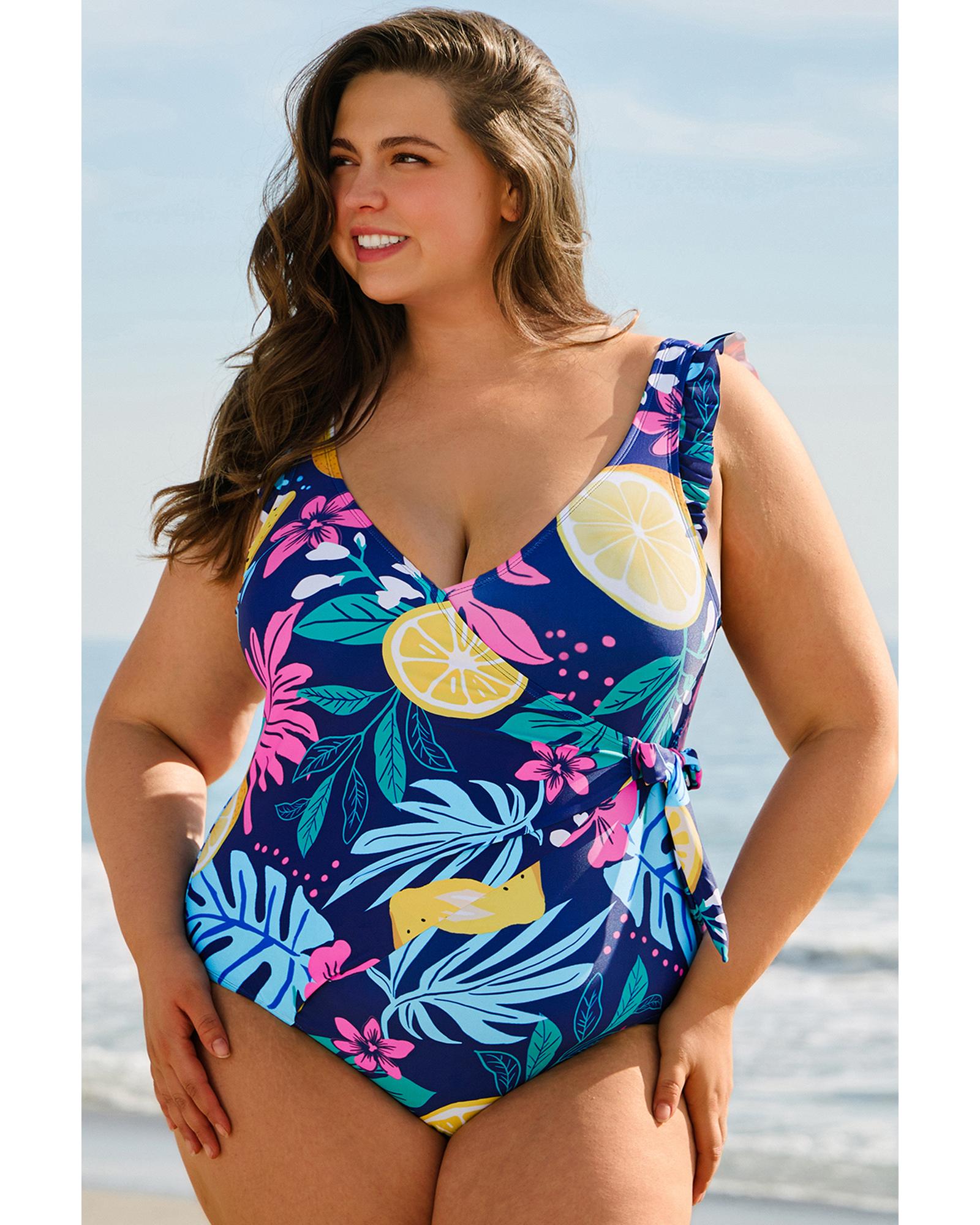 Blue Plus Size Printed V Neck Wrap Knot Ruffled One Piece Swimwear - 1X