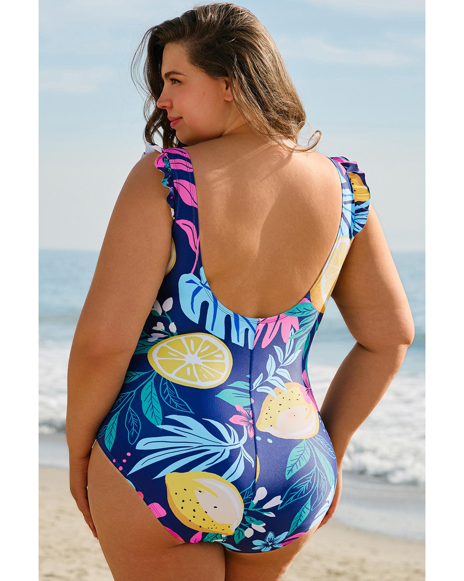 Blue Plus Size Printed V Neck Wrap Knot Ruffled One Piece Swimwear - 3X