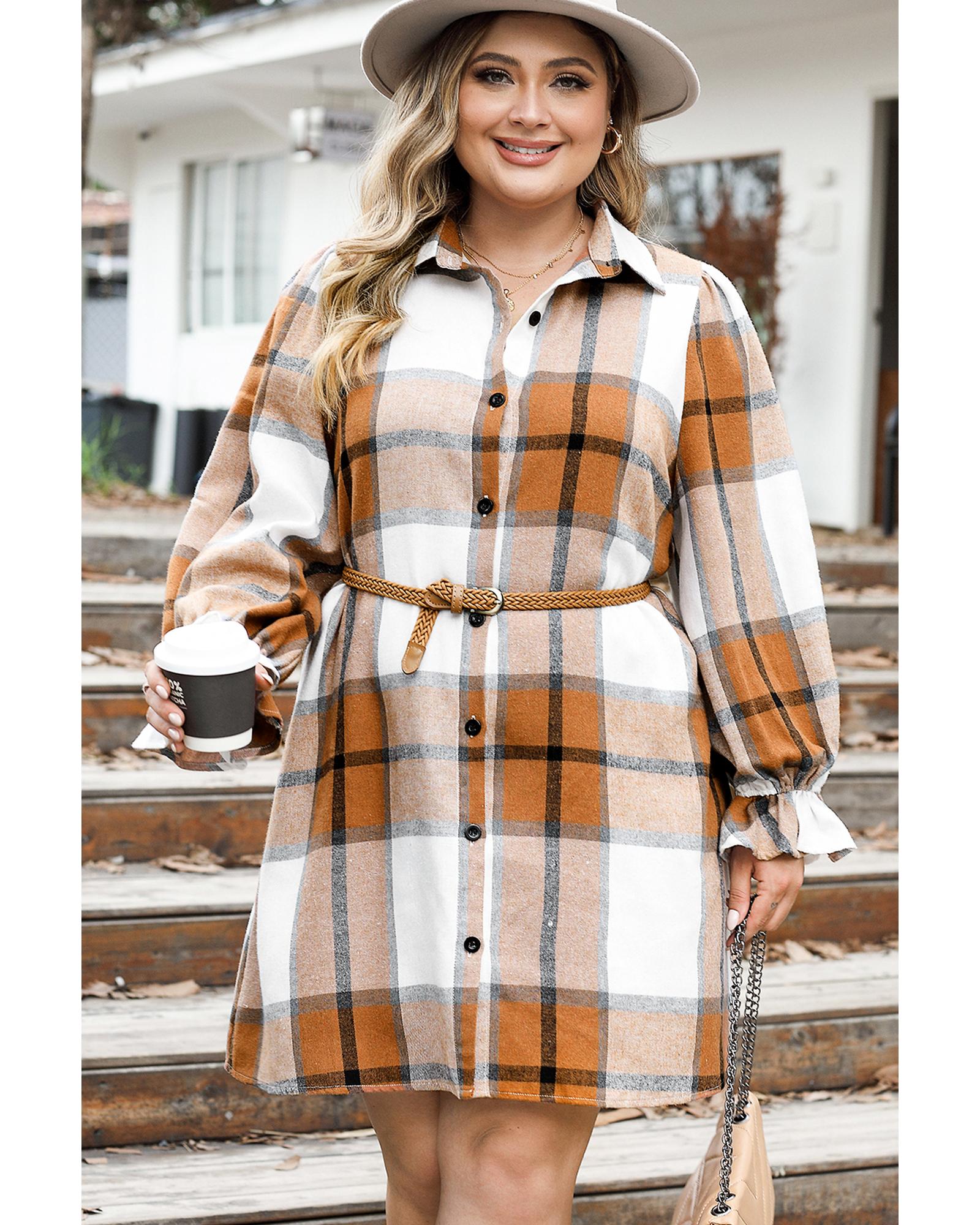 Khaki Plus Size Plaid Flounce Sleeve Button up Shirt Dress - 3X