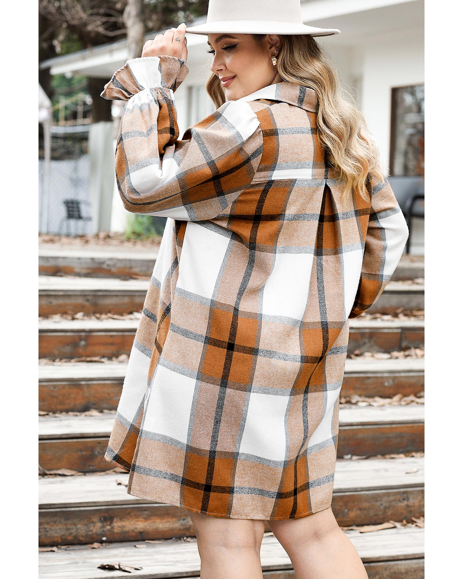 Khaki Plus Size Plaid Flounce Sleeve Button up Shirt Dress - 3X