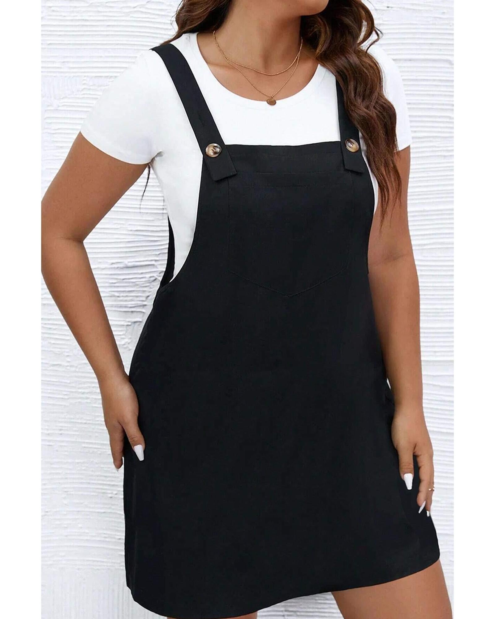 Black Solid Buttoned Straps Plus Size Overall Dress - 2X