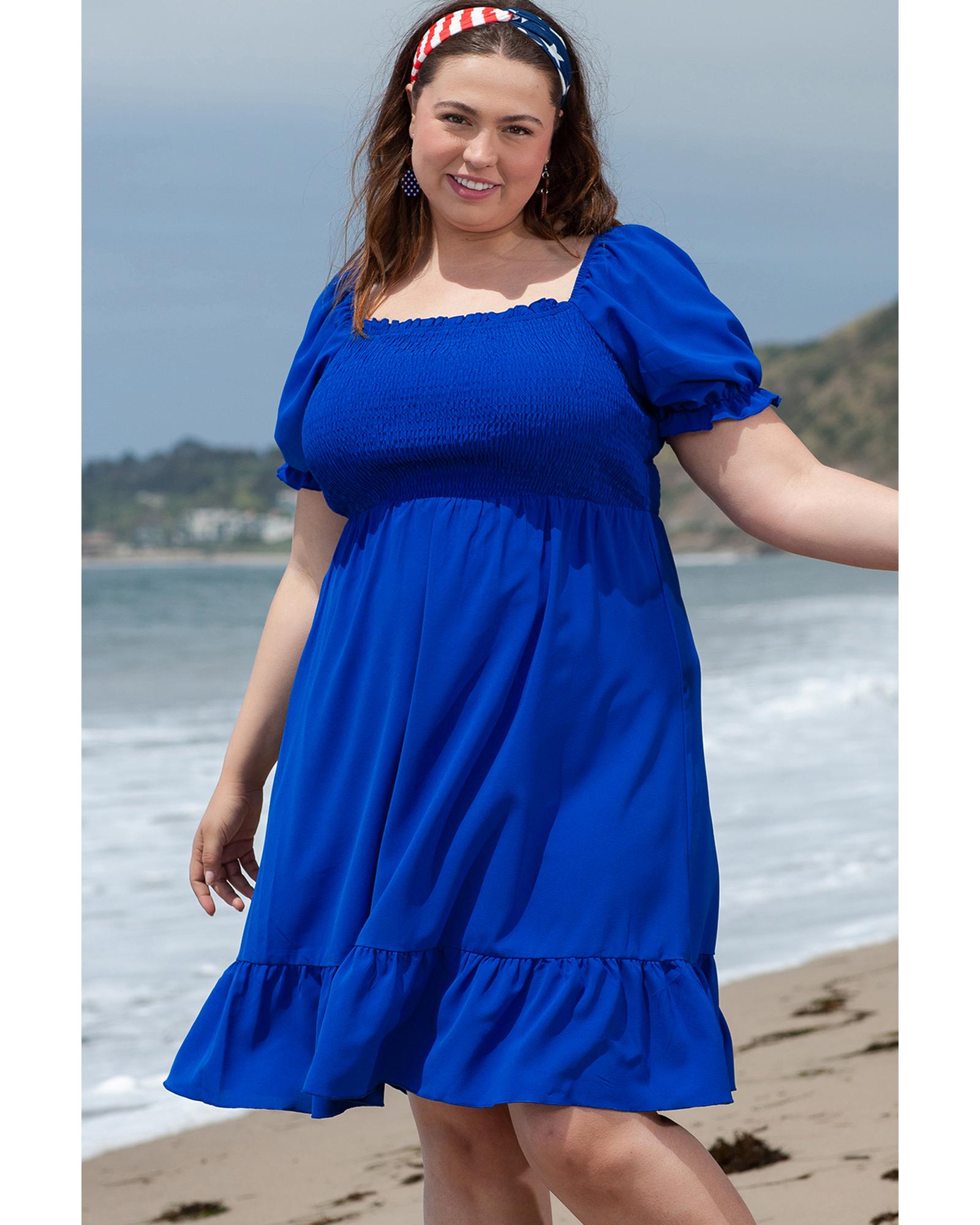 Dark Blue Shirred Ruffled Square Neck Plus Size Mini Dress - 1X