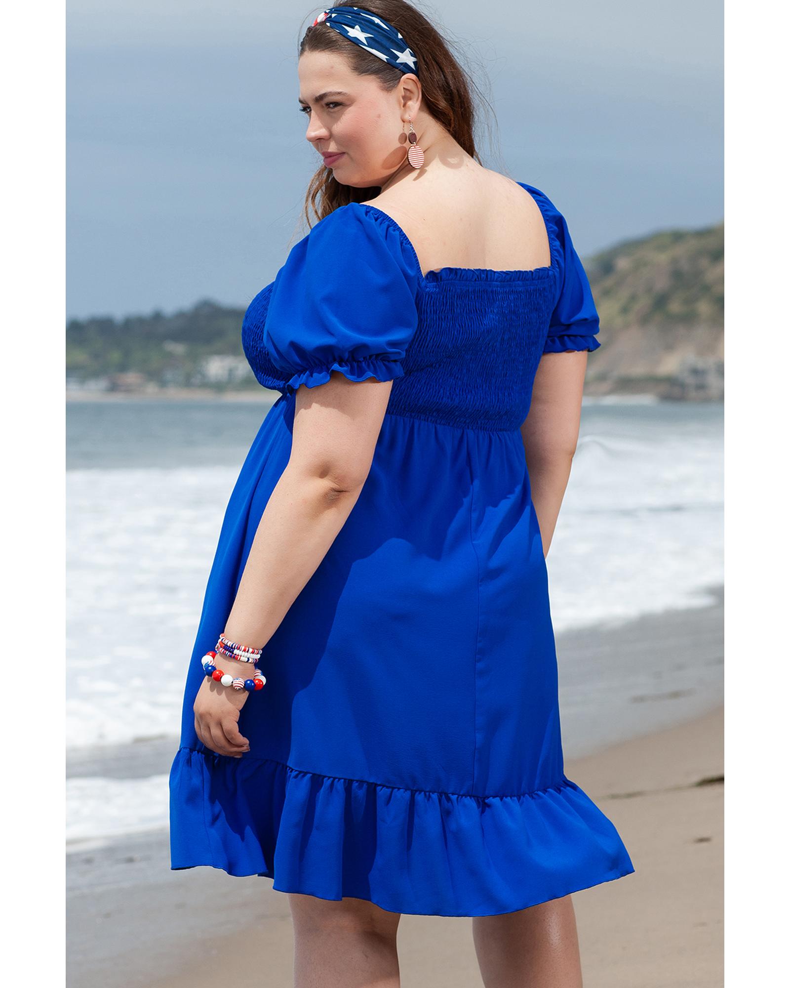 Dark Blue Shirred Ruffled Square Neck Plus Size Mini Dress - 3X