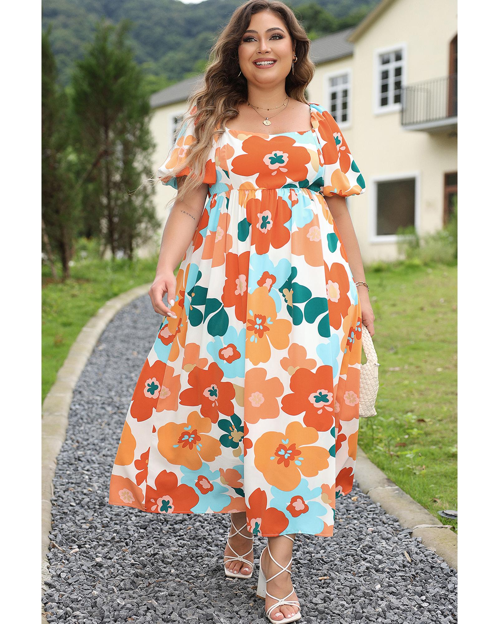 Orange Plus Size Flower Print Shirred Square Neck Maxi Dress - 1X