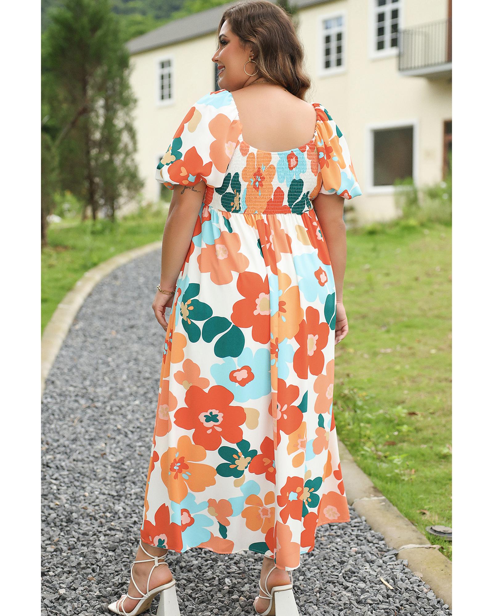 Orange Plus Size Flower Print Shirred Square Neck Maxi Dress - 1X