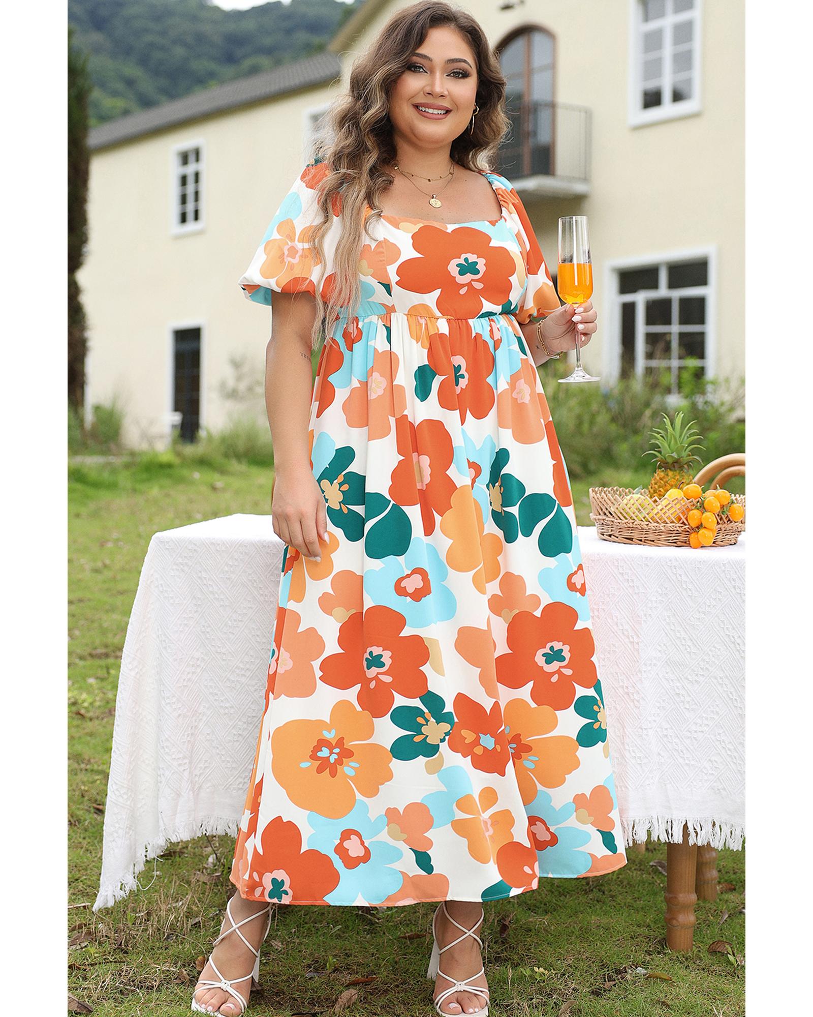 Orange Plus Size Flower Print Shirred Square Neck Maxi Dress - 1X