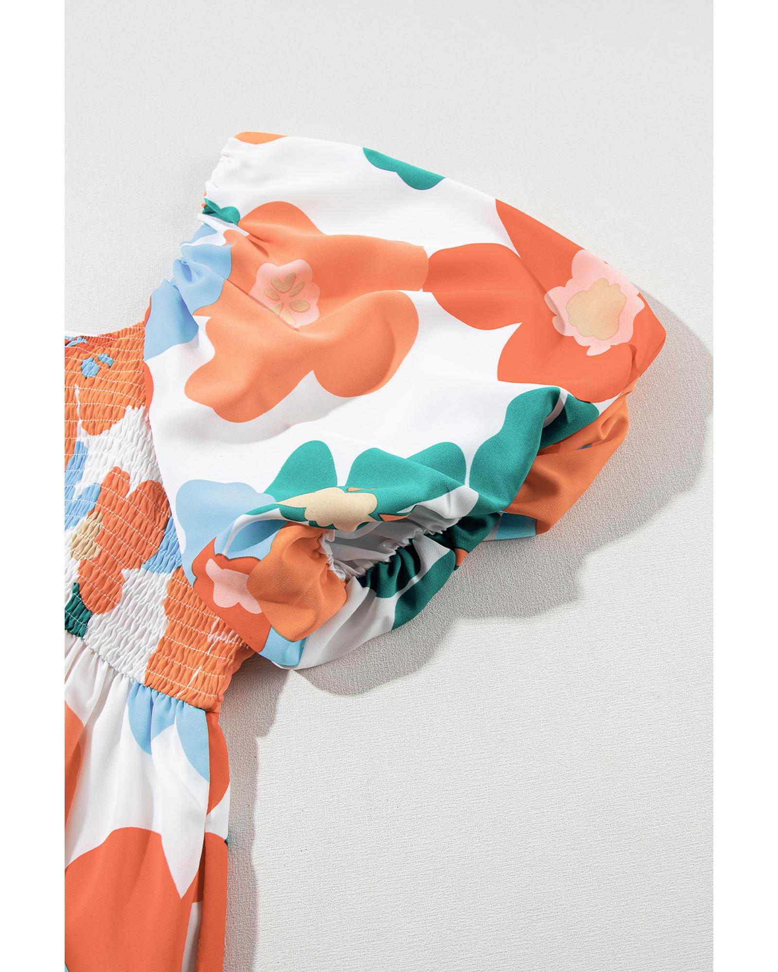 Orange Plus Size Flower Print Shirred Square Neck Maxi Dress - 1X