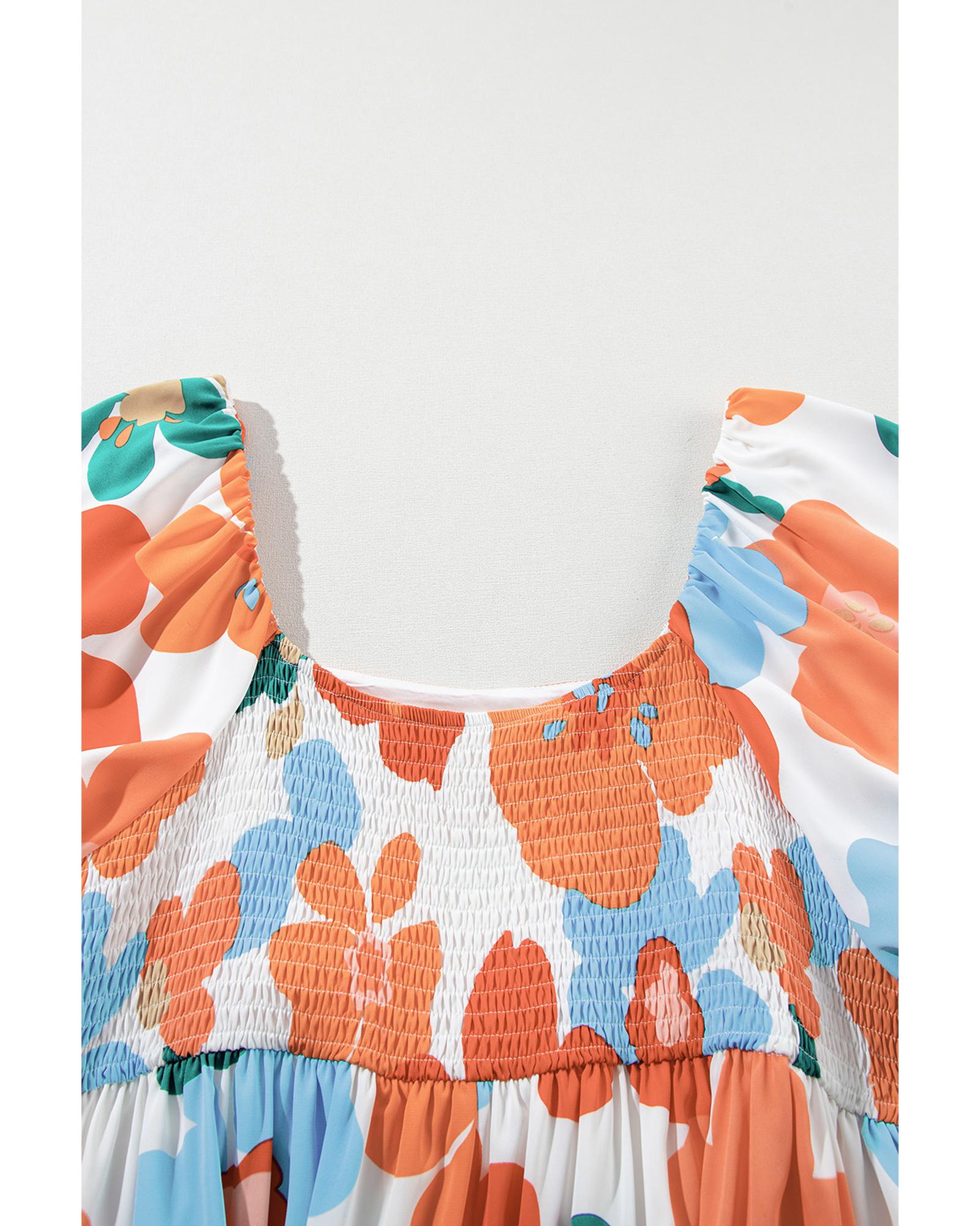 Orange Plus Size Flower Print Shirred Square Neck Maxi Dress - 1X