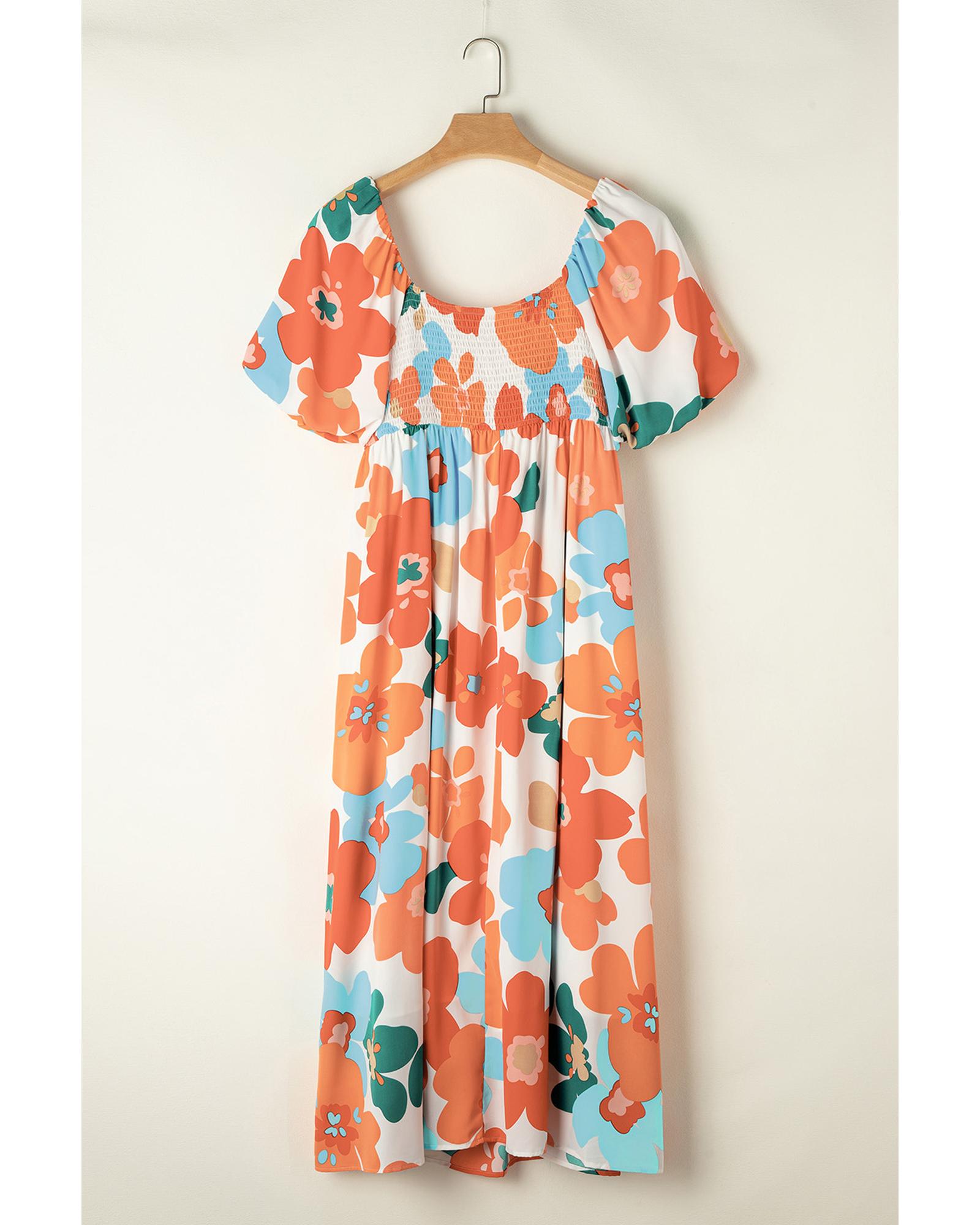 Orange Plus Size Flower Print Shirred Square Neck Maxi Dress - 1X