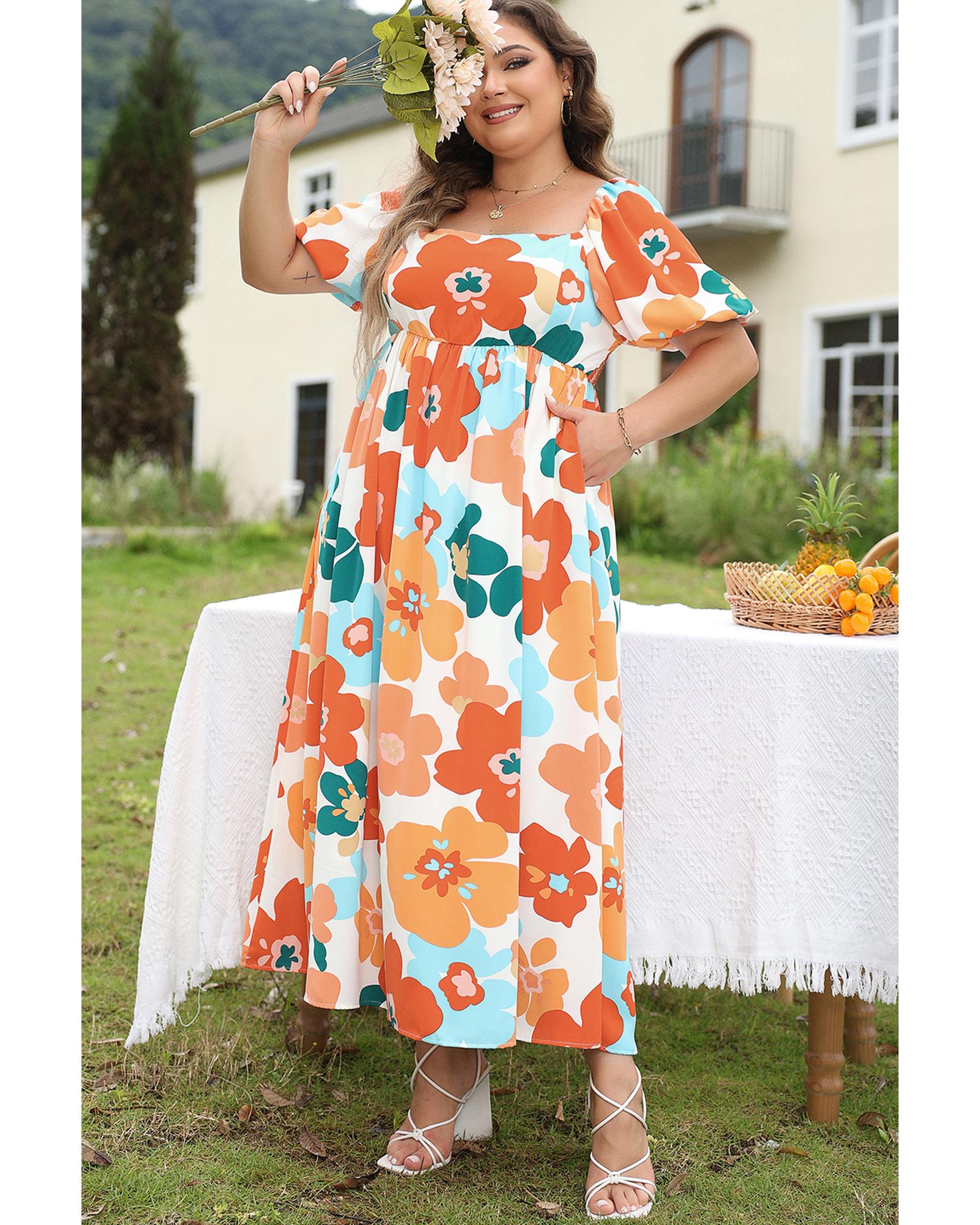 Orange Plus Size Flower Print Shirred Square Neck Maxi Dress - 2X