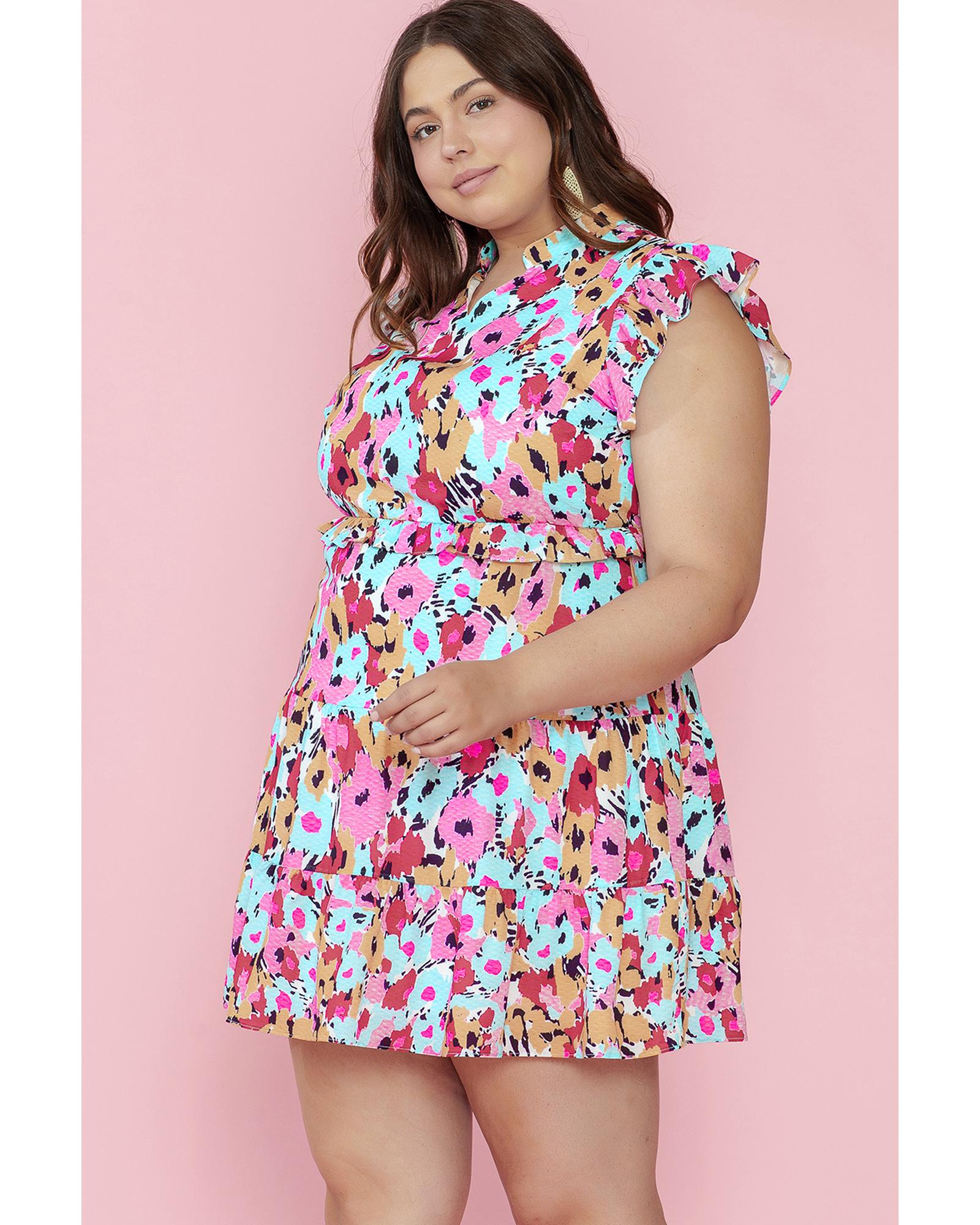 Red Floral Ruffled Cap Sleeve Plus Size Mini Dress - 1X