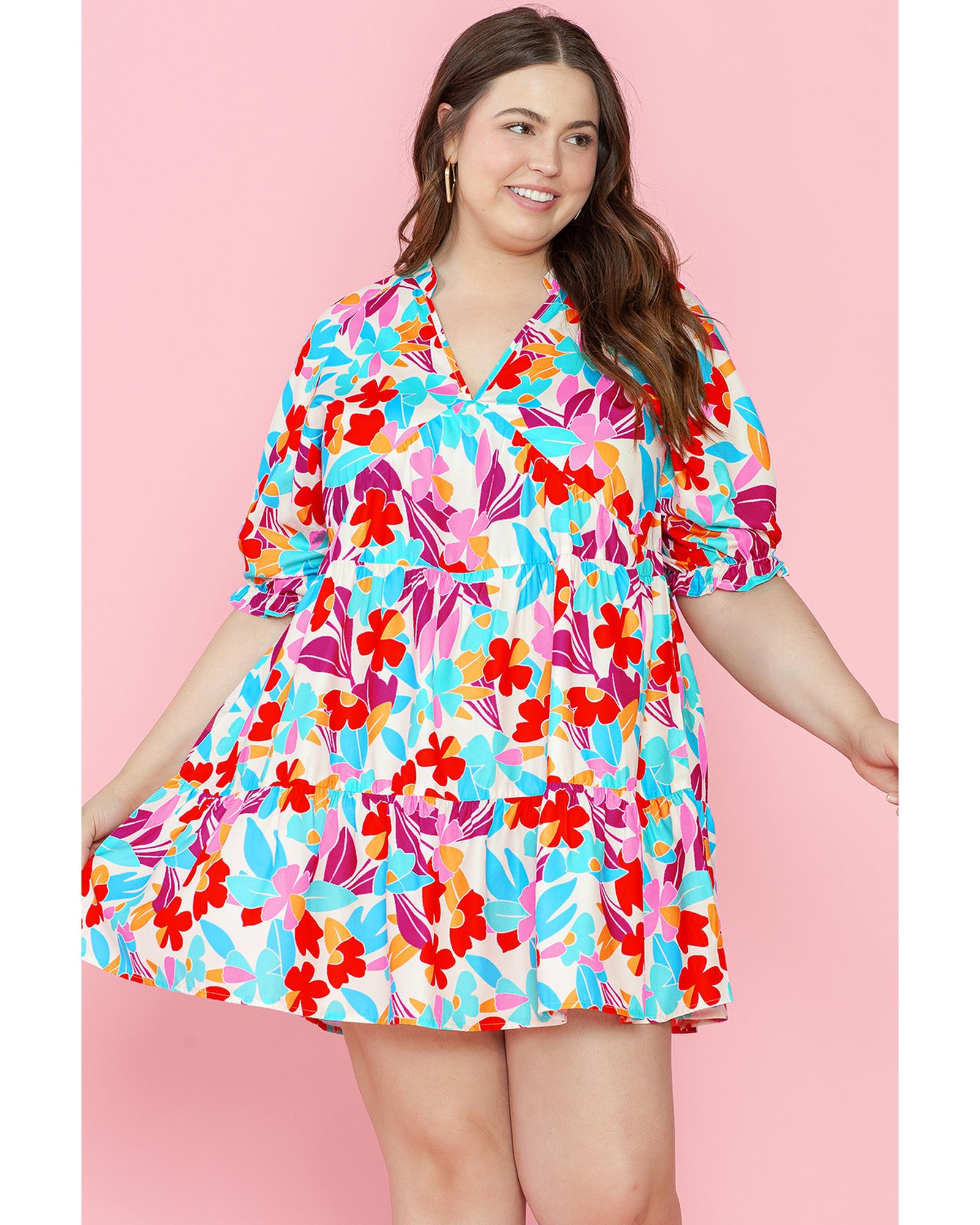 Multicolour Floral Tiered V Neck Plus Dress - 1X