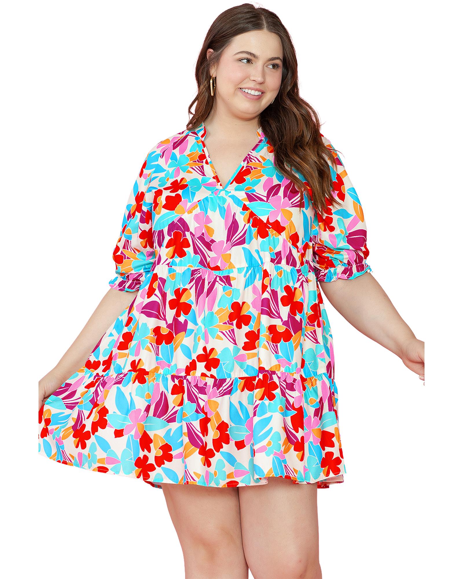 Multicolour Floral Tiered V Neck Plus Dress - 1X