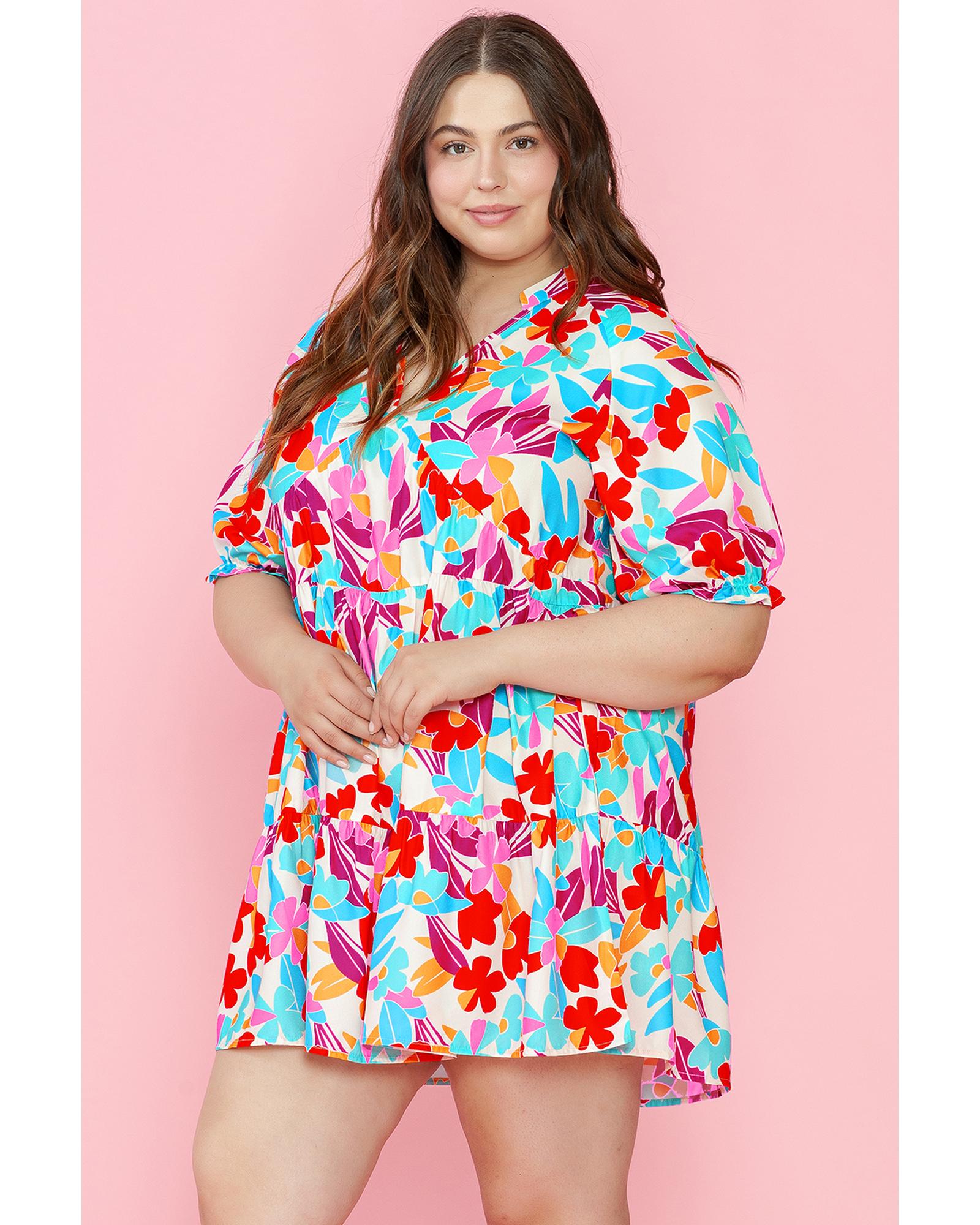 Multicolour Floral Tiered V Neck Plus Dress - 3X