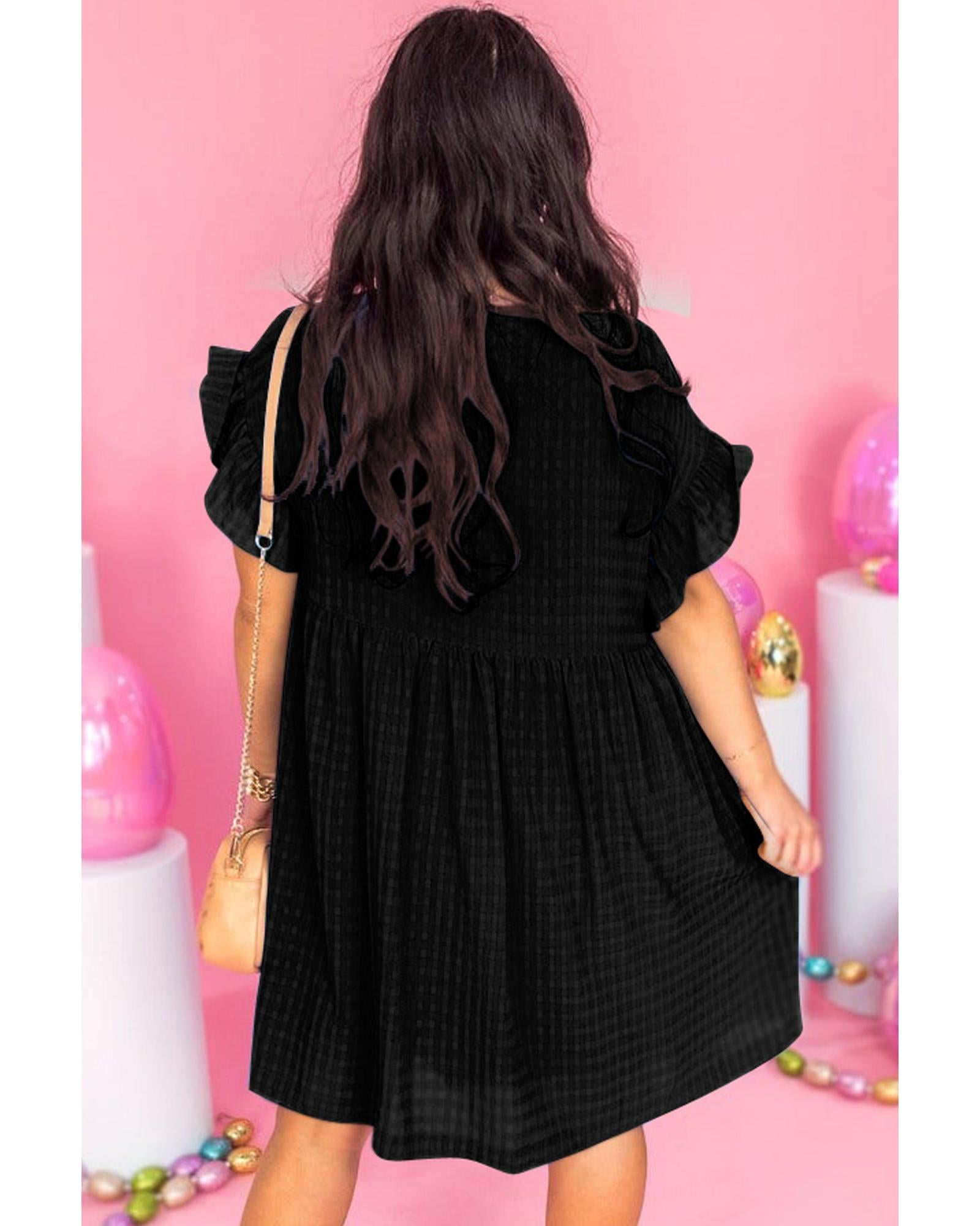 Black Textured Ruffled Sleeve Babydoll Plus Dress - 1X