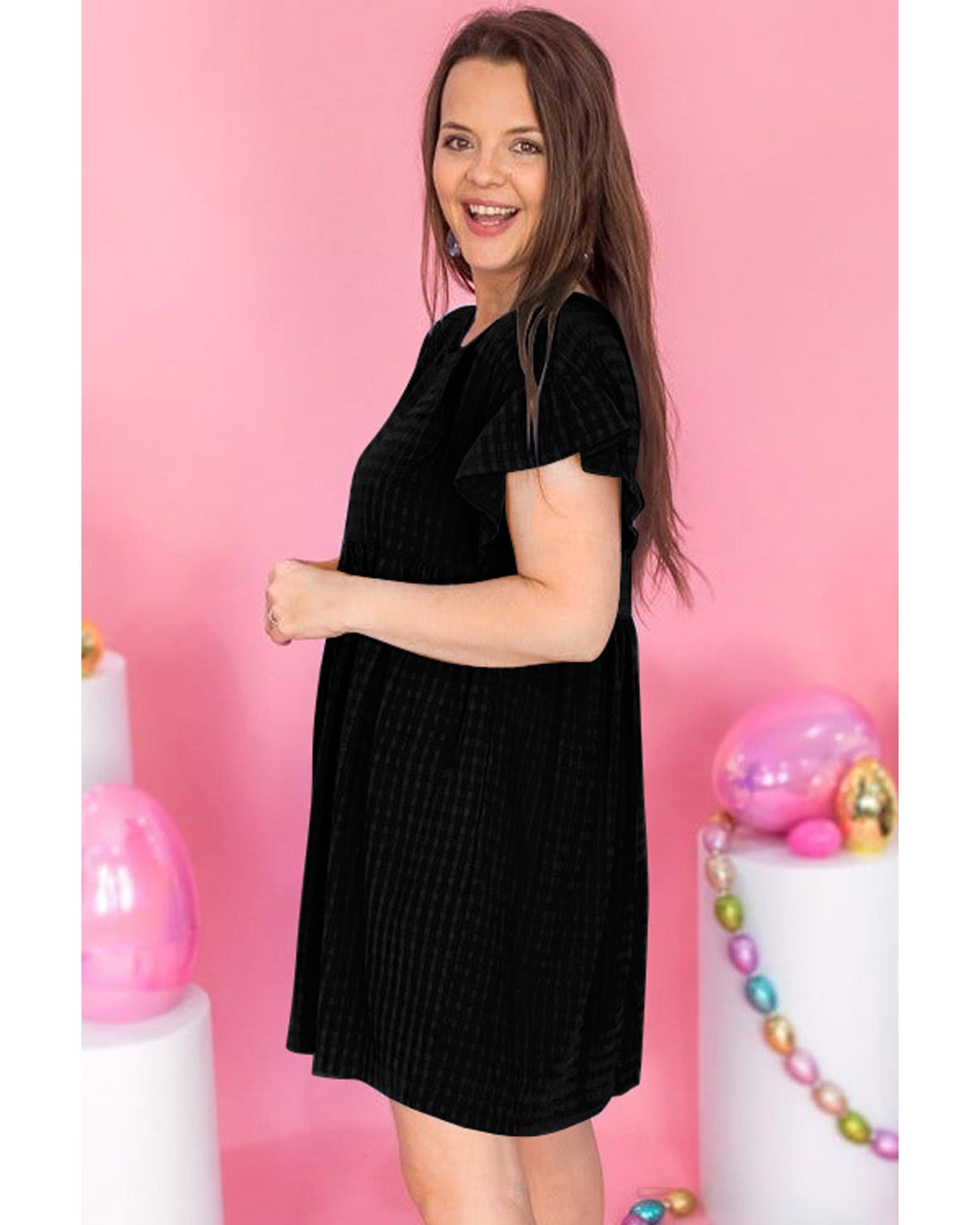 Black Textured Ruffled Sleeve Babydoll Plus Dress - 1X