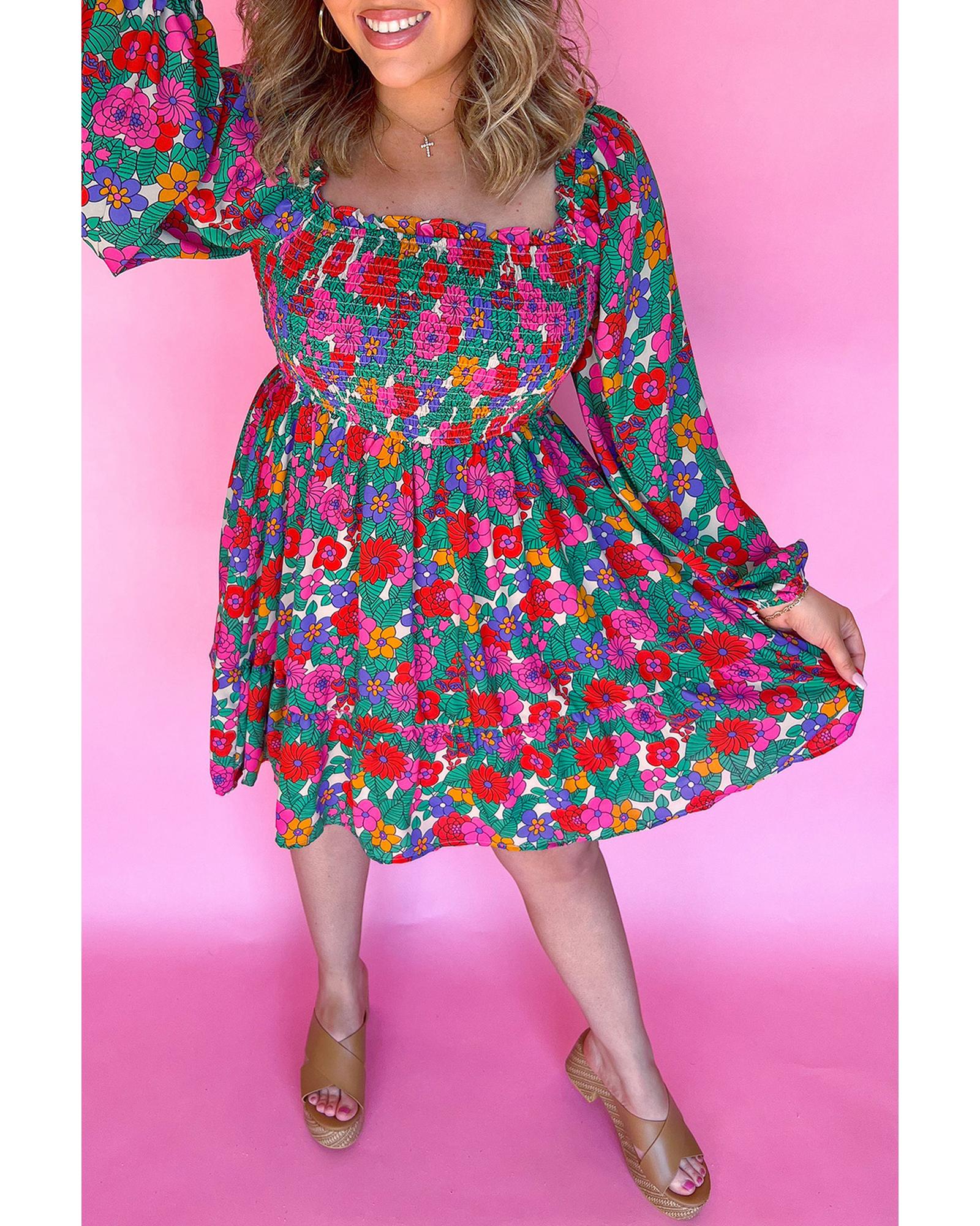 White Plus Size Floral Frilled Square Neck Shirred Long Sleeve Dress - 1X