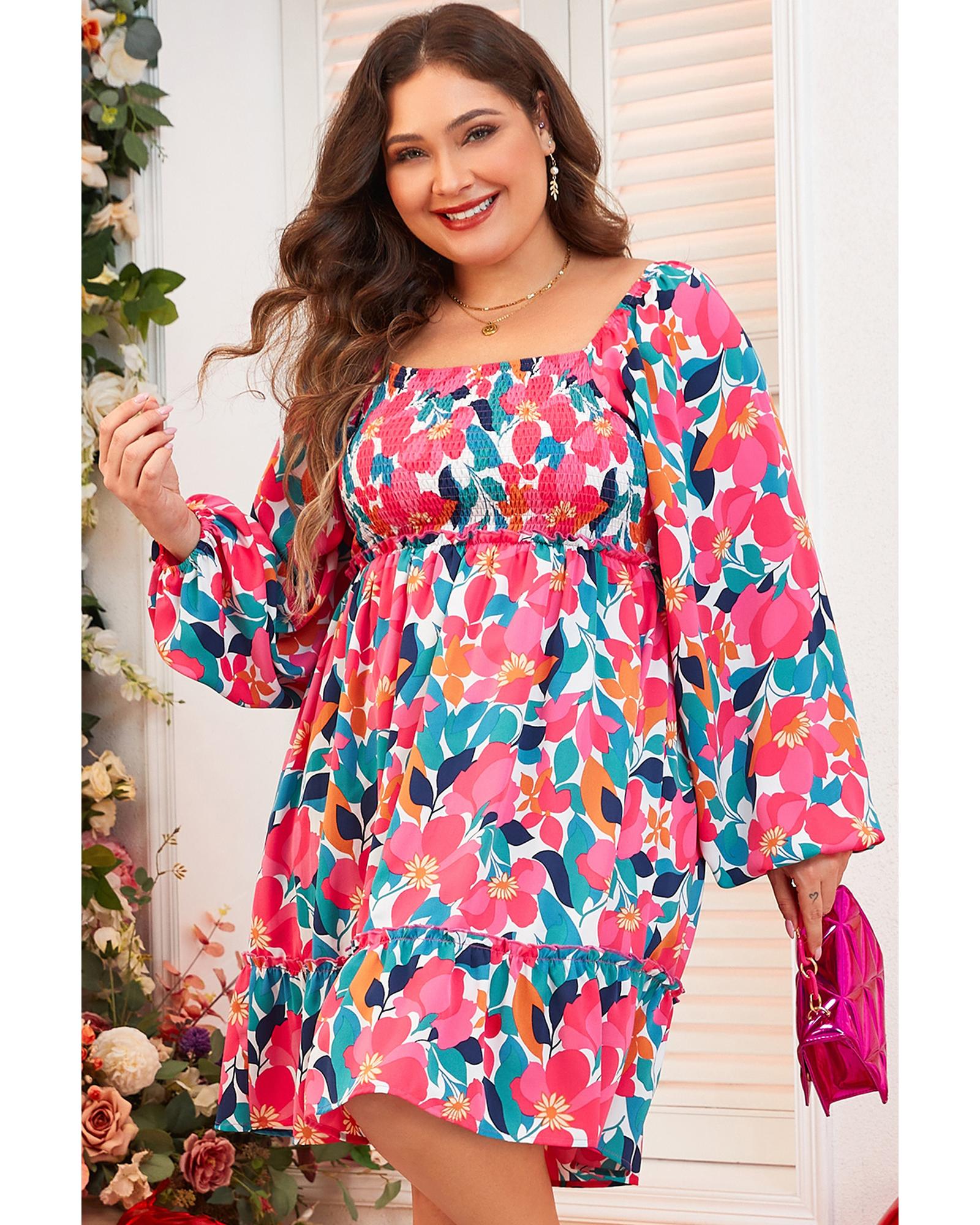 Rose Flower Print Smocked Square Neck Plus Size Dress - 1X