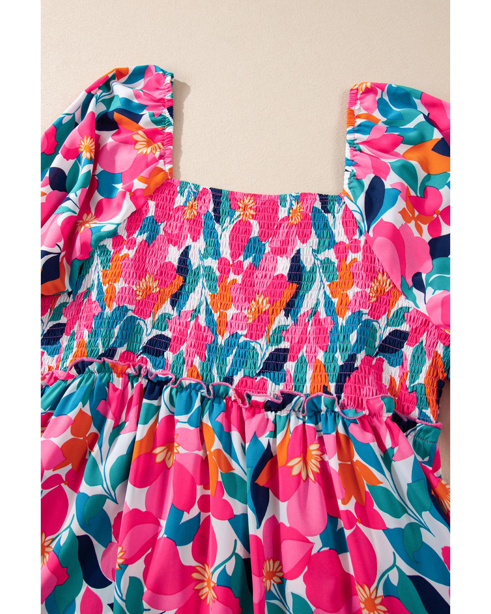 Rose Flower Print Smocked Square Neck Plus Size Dress - 3X