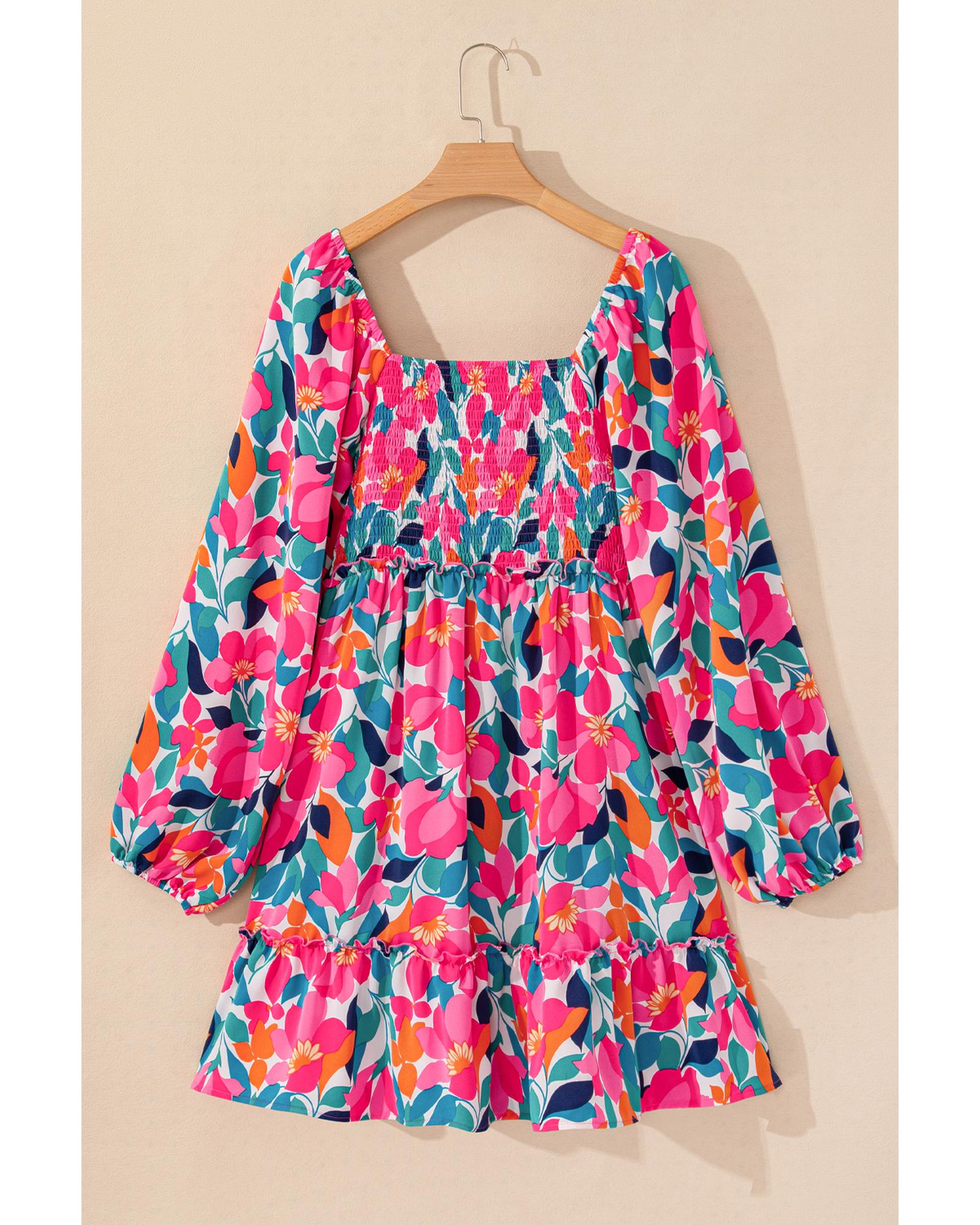 Rose Flower Print Smocked Square Neck Plus Size Dress - 4X