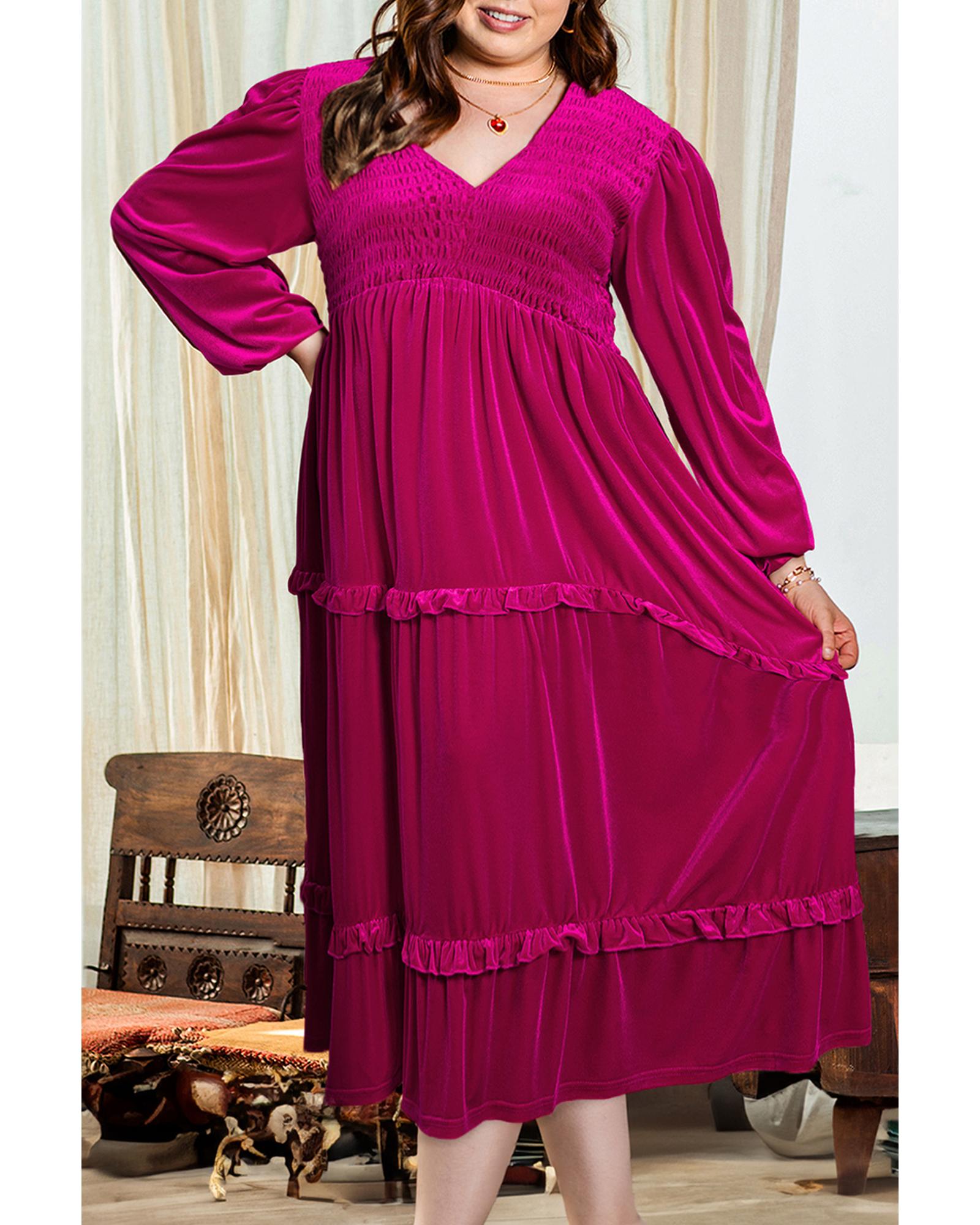 Rose Red Shirred V Neck Tiered Ruffled Velvet Plus Size Maxi Dress - 1X