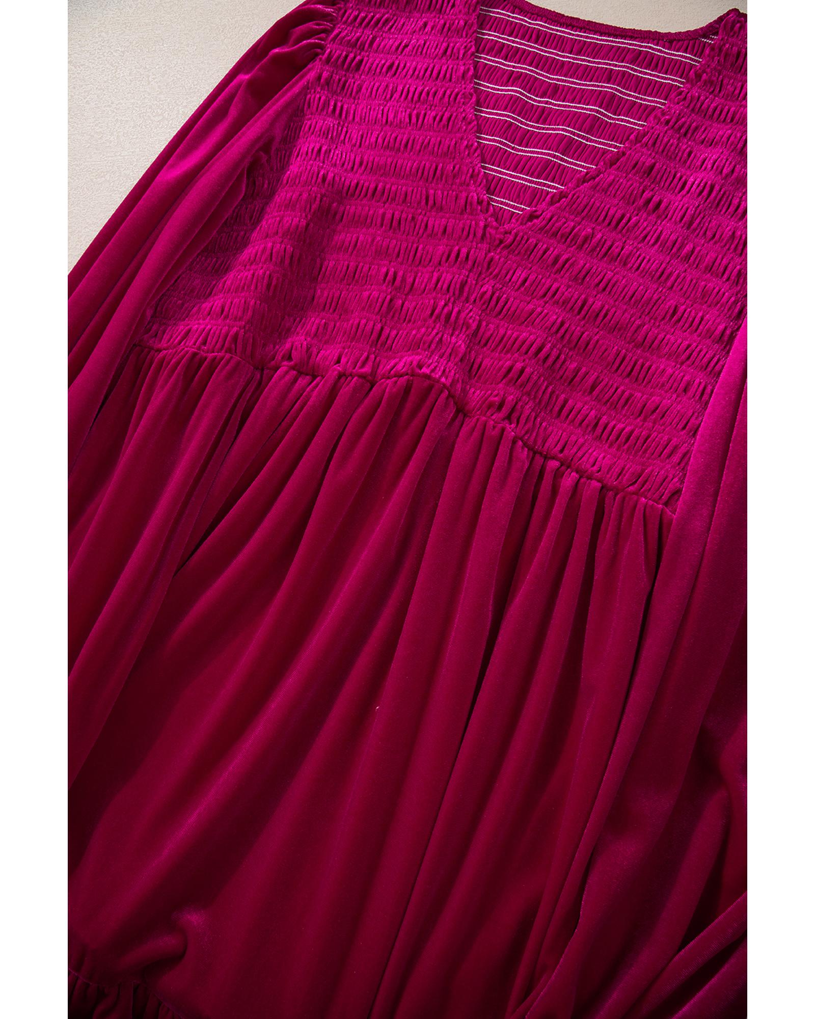 Rose Red Shirred V Neck Tiered Ruffled Velvet Plus Size Maxi Dress - 1X