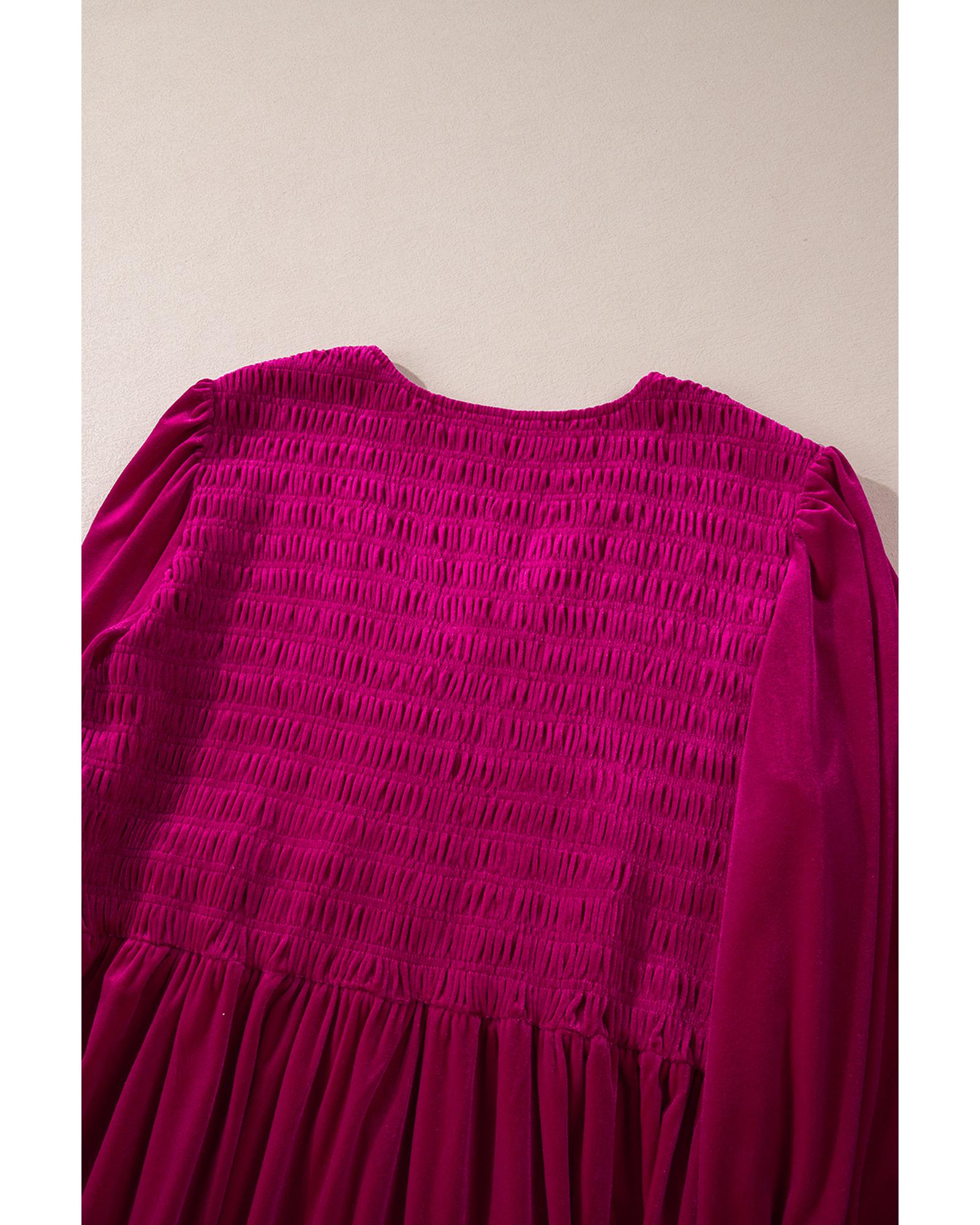 Rose Red Shirred V Neck Tiered Ruffled Velvet Plus Size Maxi Dress - 2X