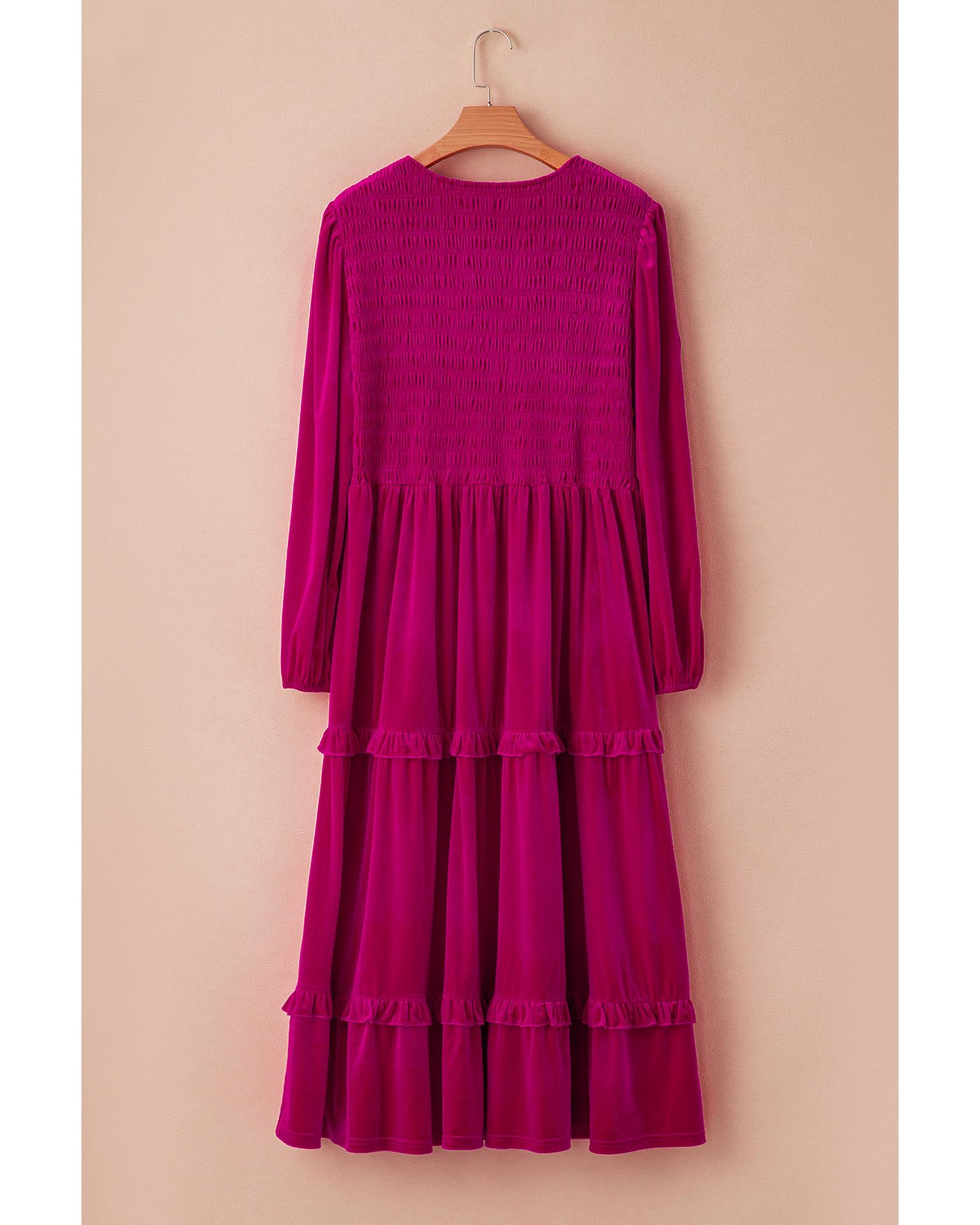 Rose Red Shirred V Neck Tiered Ruffled Velvet Plus Size Maxi Dress - 3X