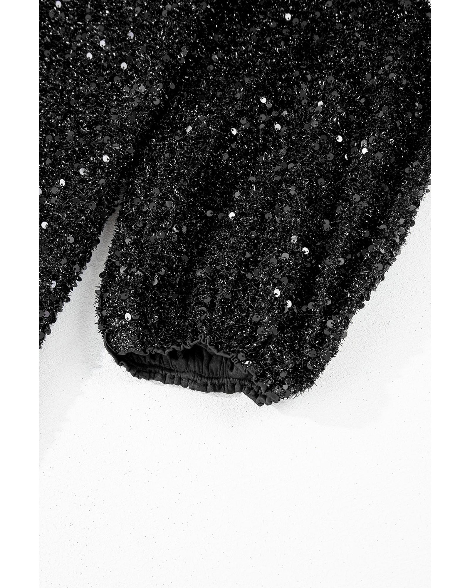 Color black Plus Size Bubble Sleeve V Neck Sequin Dress - 1X