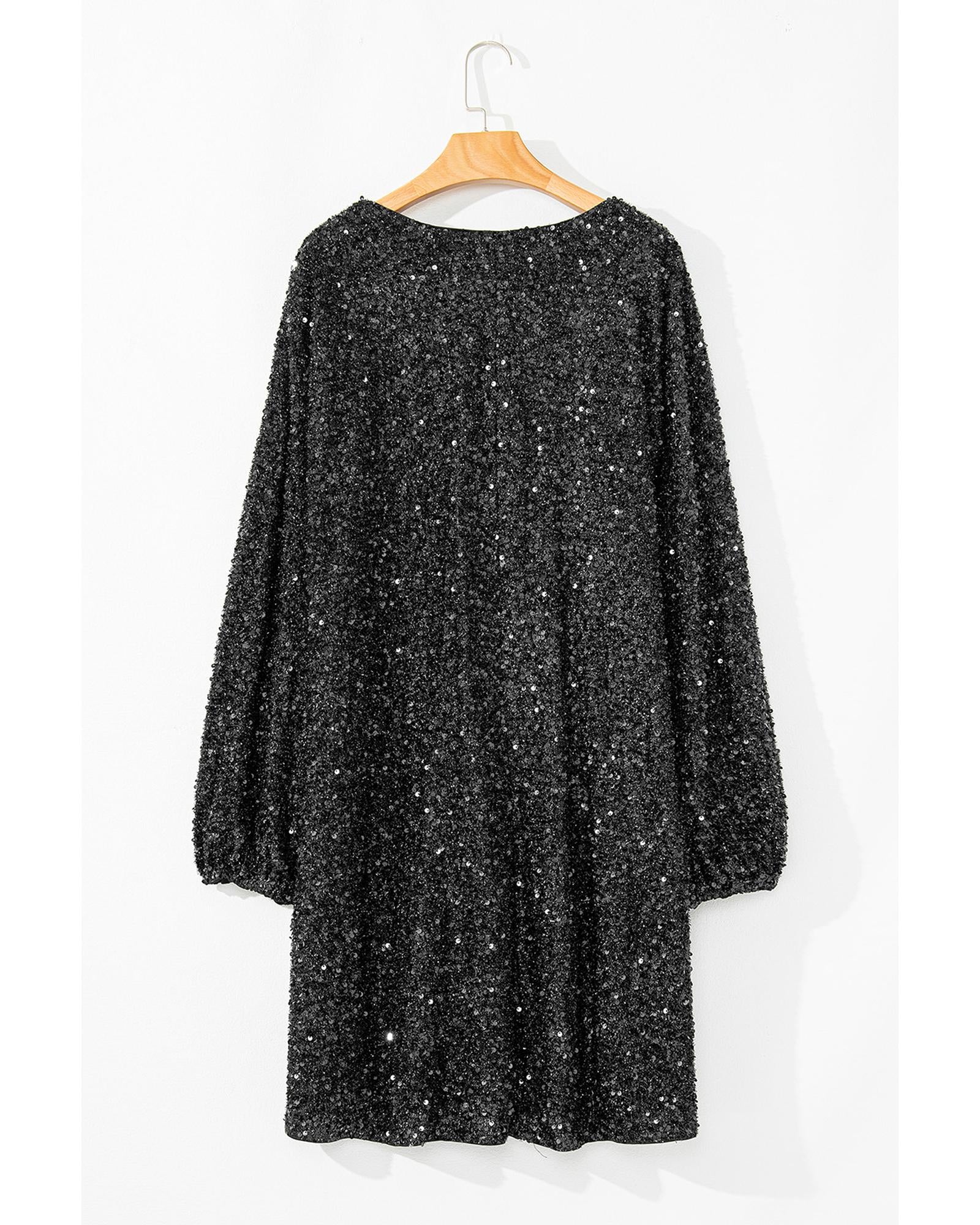 Color black Plus Size Bubble Sleeve V Neck Sequin Dress - 1X