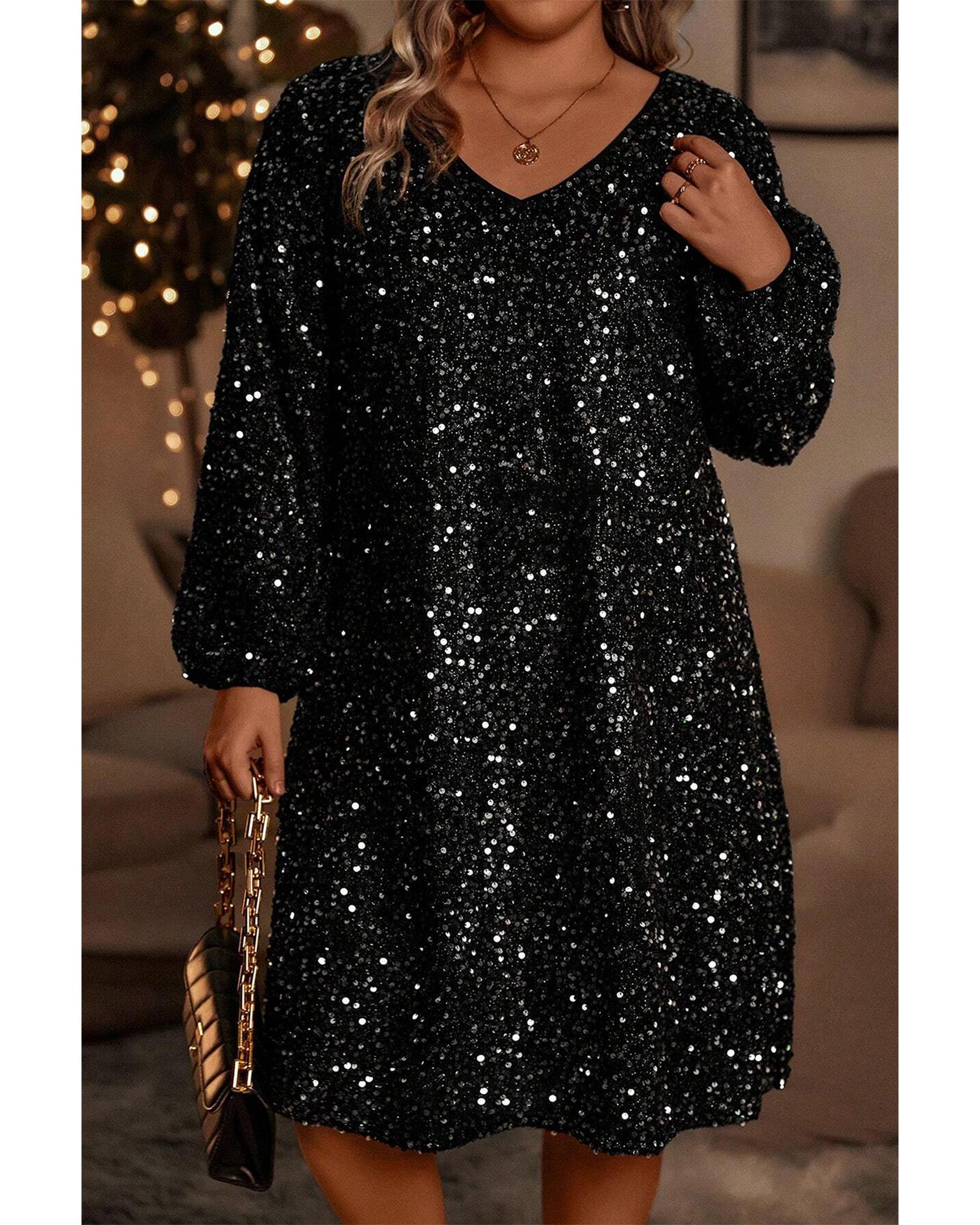 Color black Plus Size Bubble Sleeve V Neck Sequin Dress - 1X