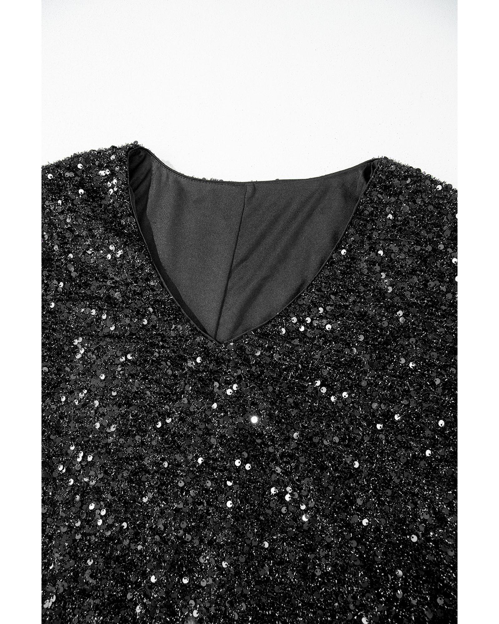 Color black Plus Size Bubble Sleeve V Neck Sequin Dress - 1X
