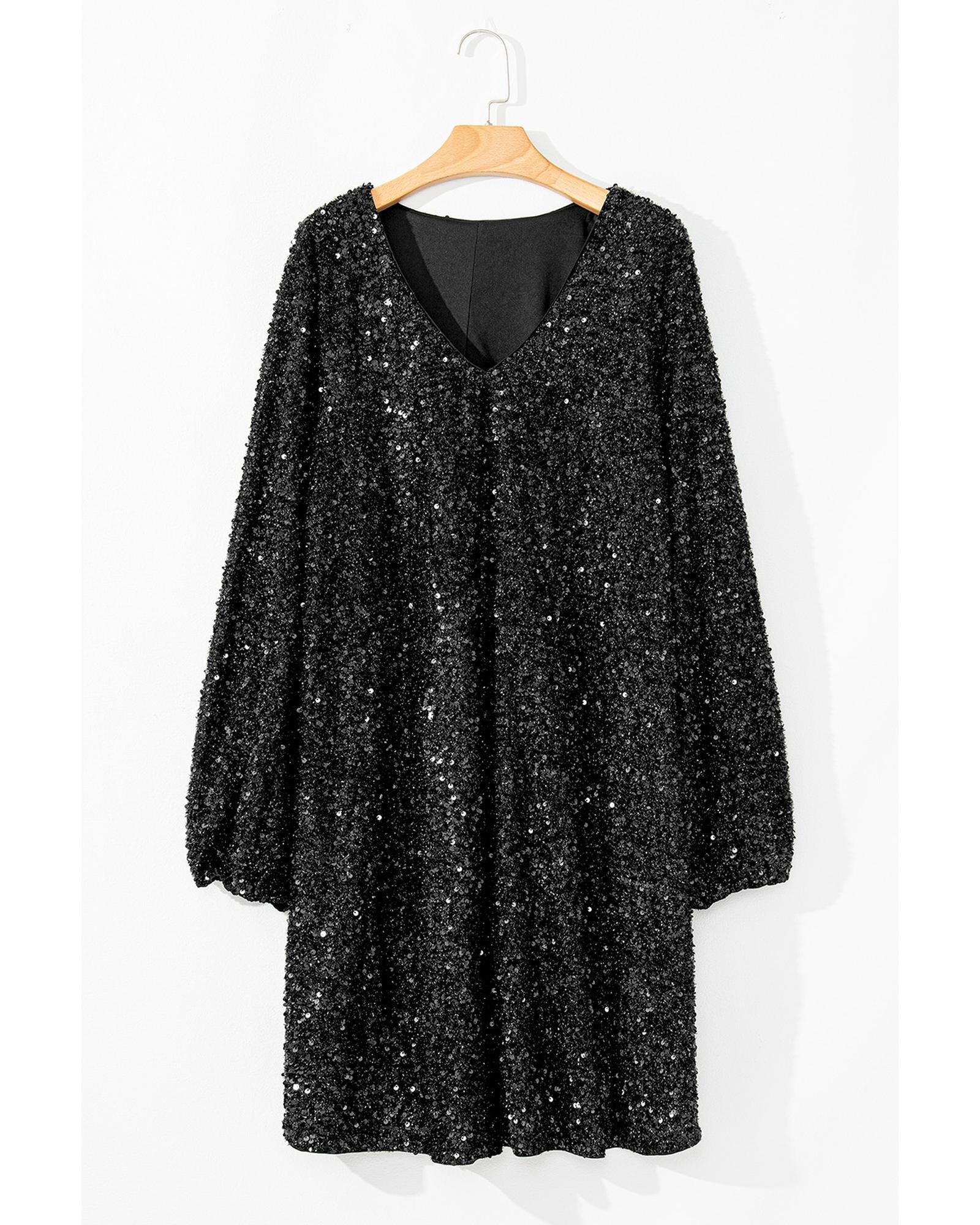 Color black Plus Size Bubble Sleeve V Neck Sequin Dress - 1X