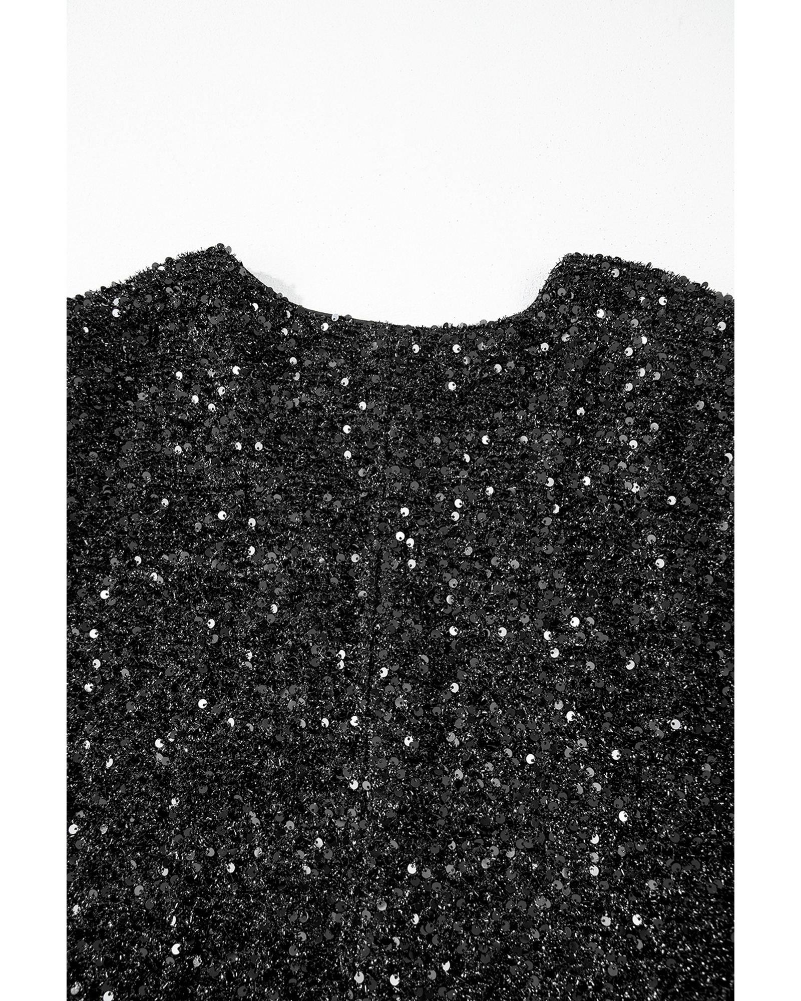 Color black Plus Size Bubble Sleeve V Neck Sequin Dress - 1X
