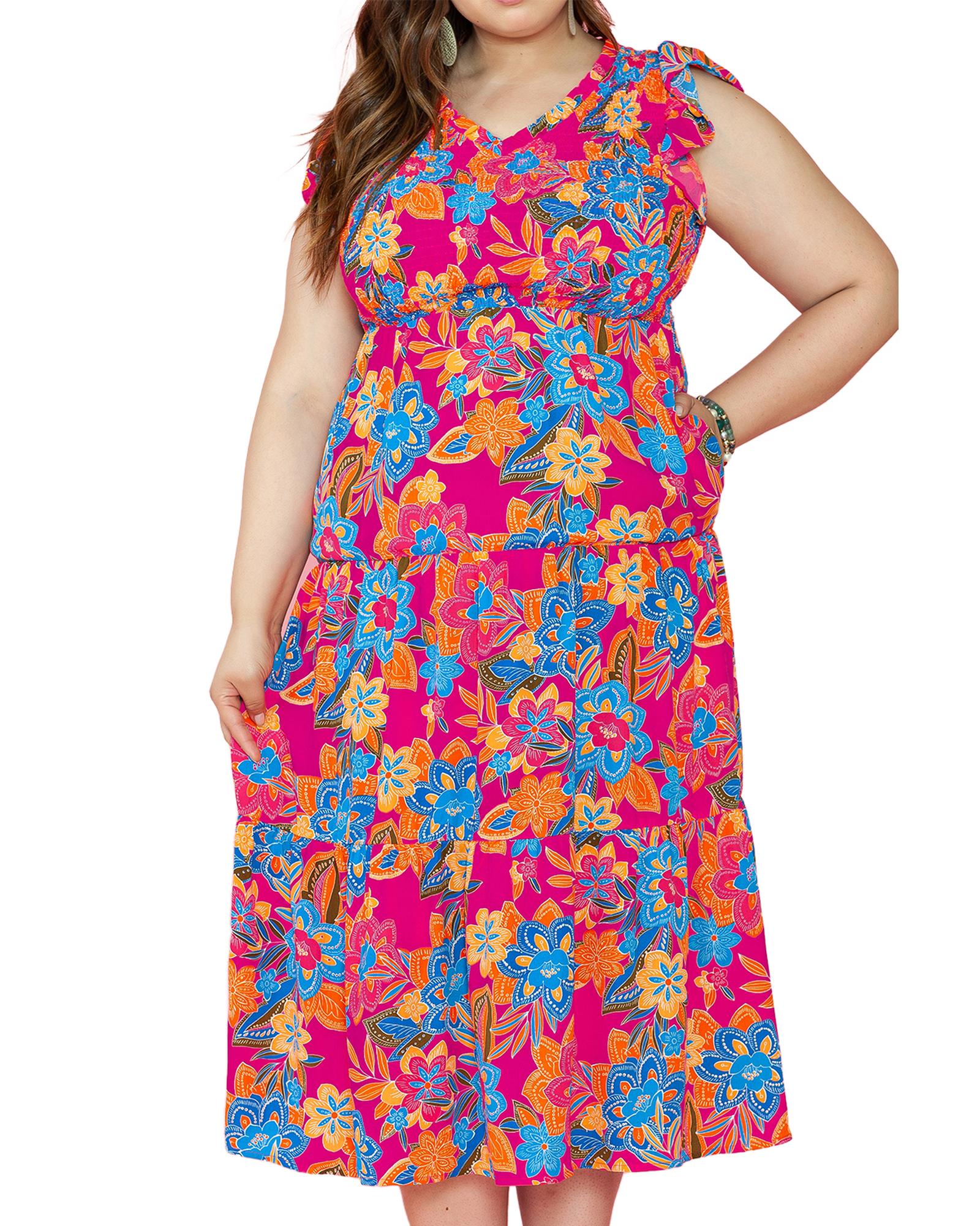 Red Floral Print Ruffled Sleeveless Plus Size Long Dress - 1X