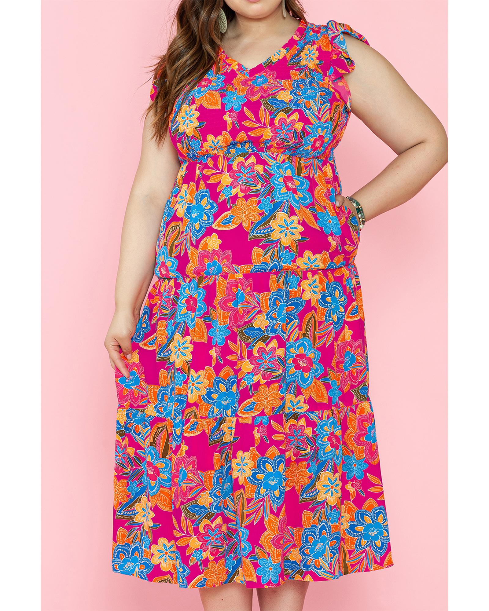 Red Floral Print Ruffled Sleeveless Plus Size Long Dress - 1X