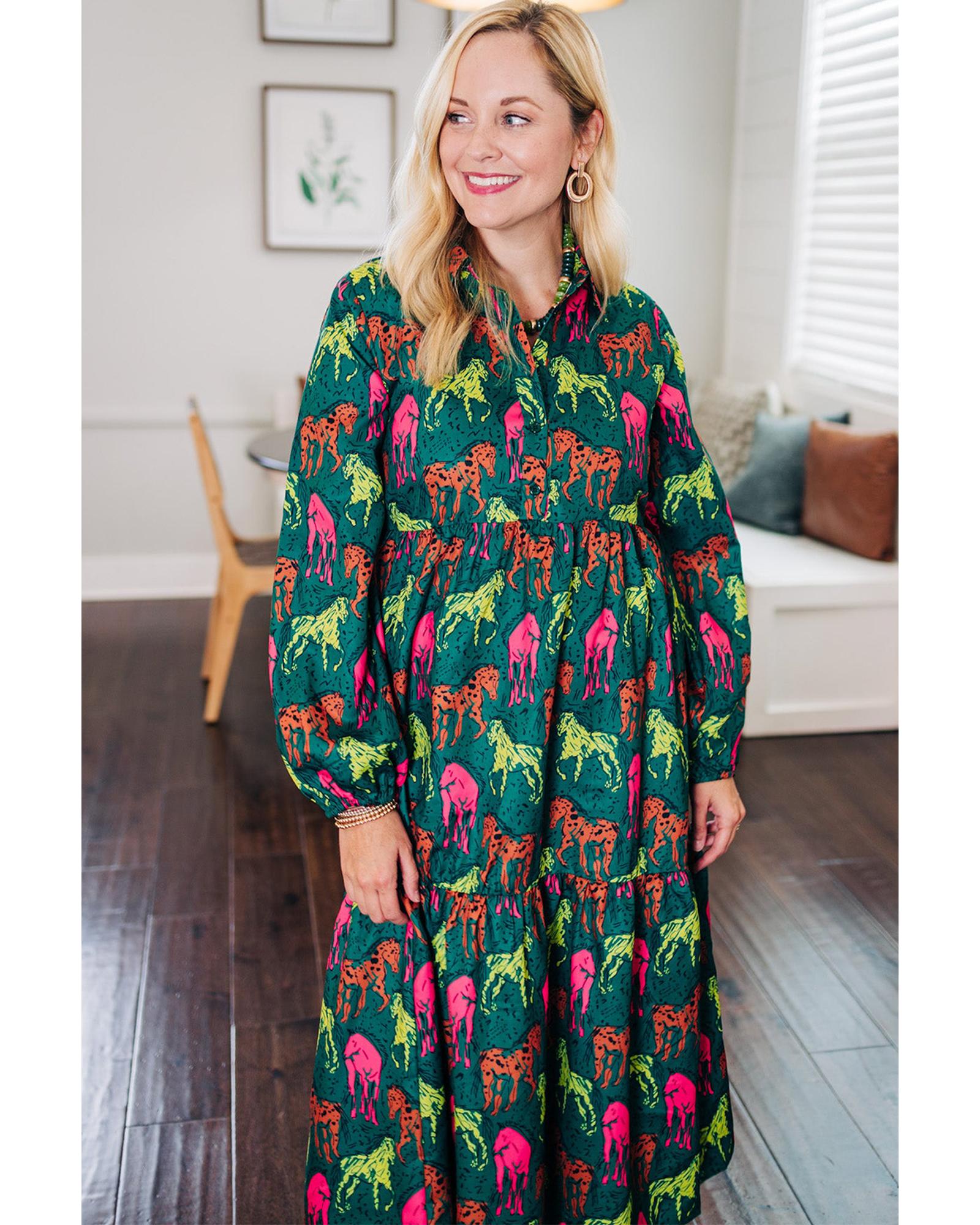 Green Horse Printed Long Sleeve Collared Buttoned Plus Size Midi Dress - 2X
