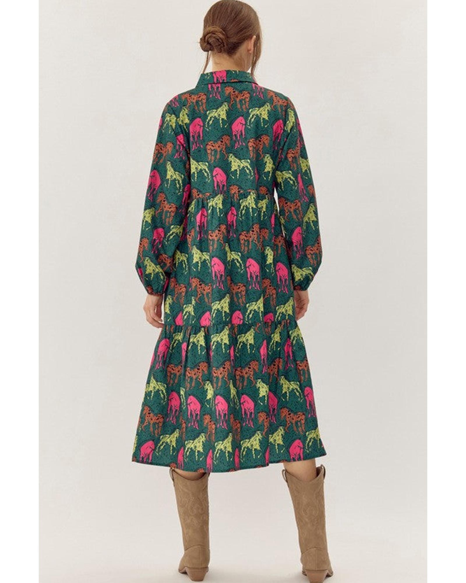 Green Horse Printed Long Sleeve Collared Buttoned Plus Size Midi Dress - 4X