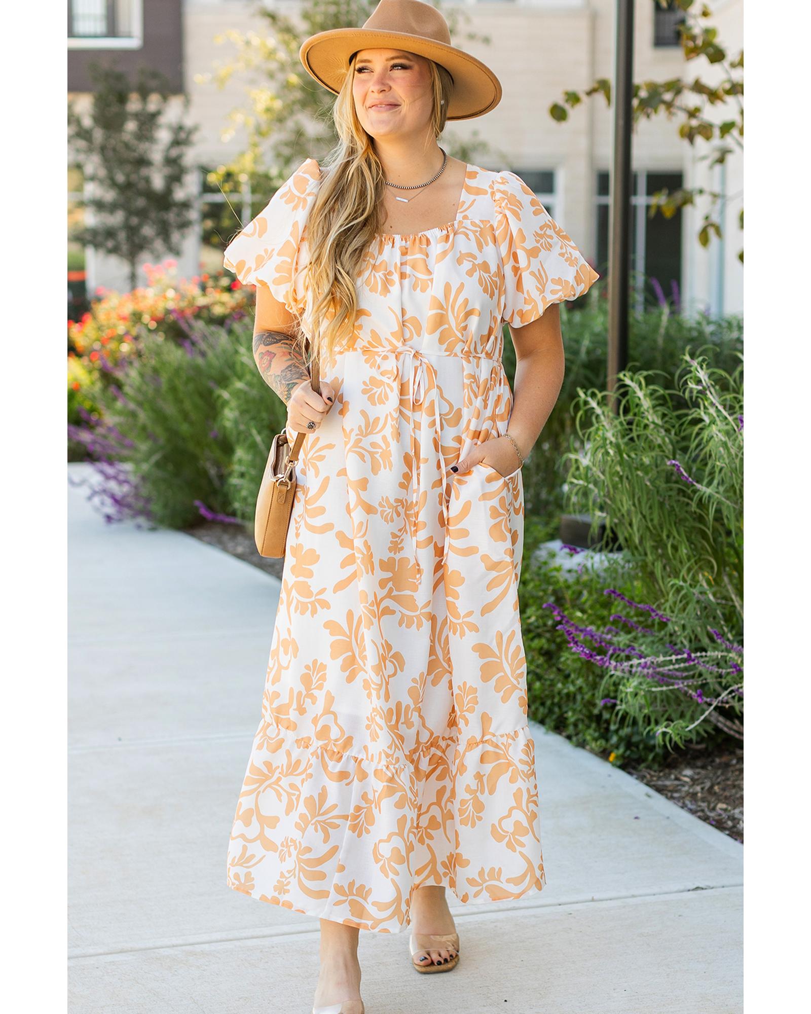 Apricot Floral Print Puff Short Sleeve Resort Plus Size Maxi Dress - 1X