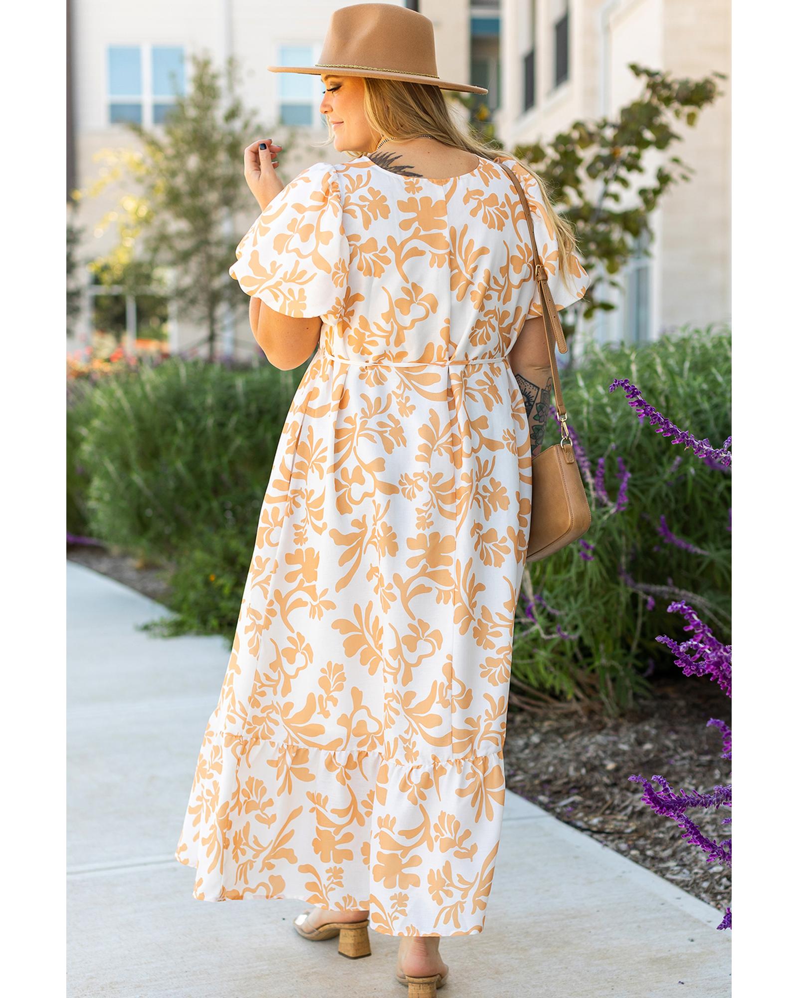 Apricot Floral Print Puff Short Sleeve Resort Plus Size Maxi Dress - 1X